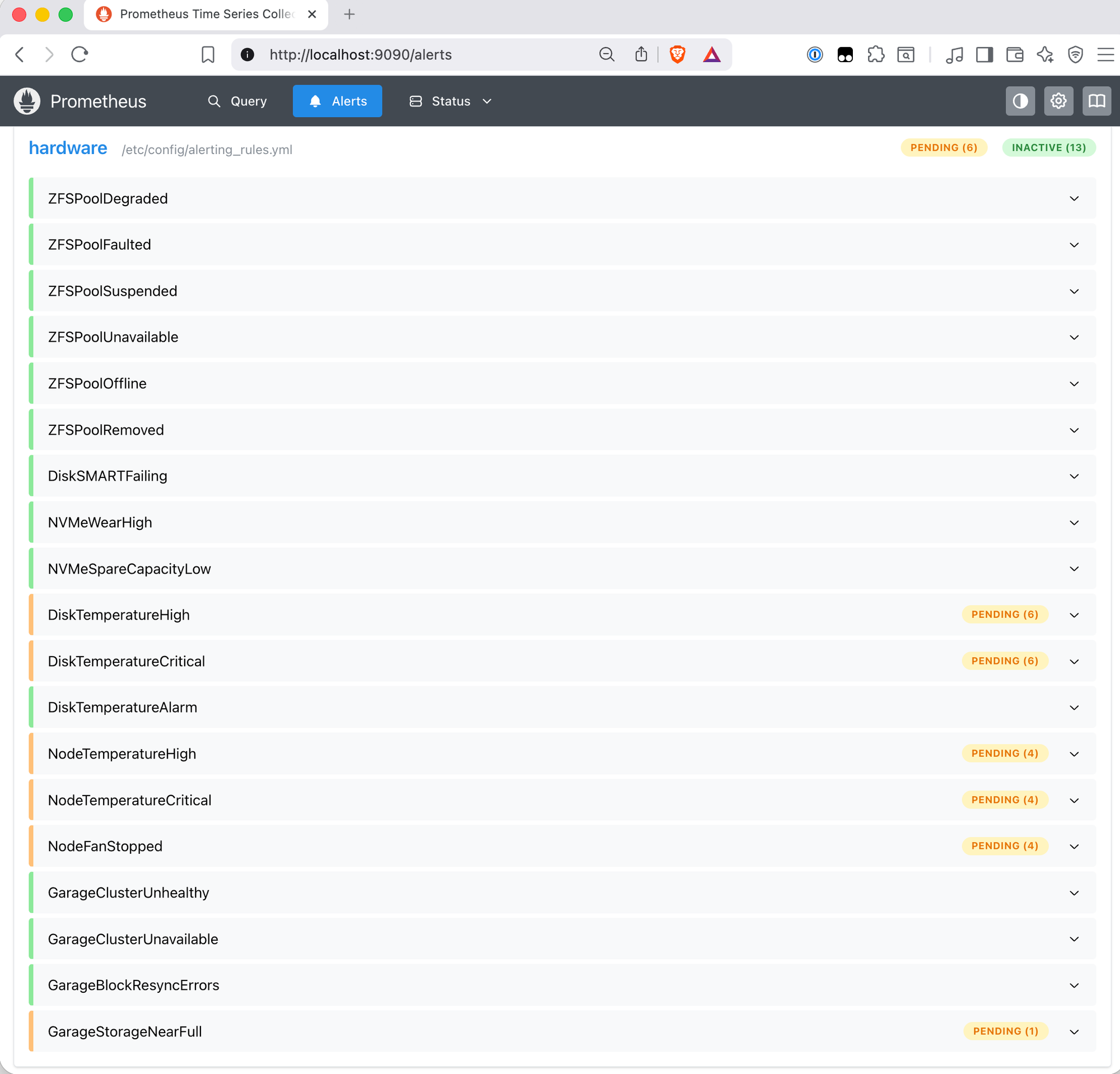 Prometheus alerts page showing hardware group with PENDING (6) and INACTIVE (13) badges, with DiskTemperatureHigh, DiskTemperatureCritical, DiskTemperatureAlarm, NodeTemperatureHigh, NodeTemperatureCritical, NodeFanStopped and GarageStorageNearFull all showing PENDING counts in amber