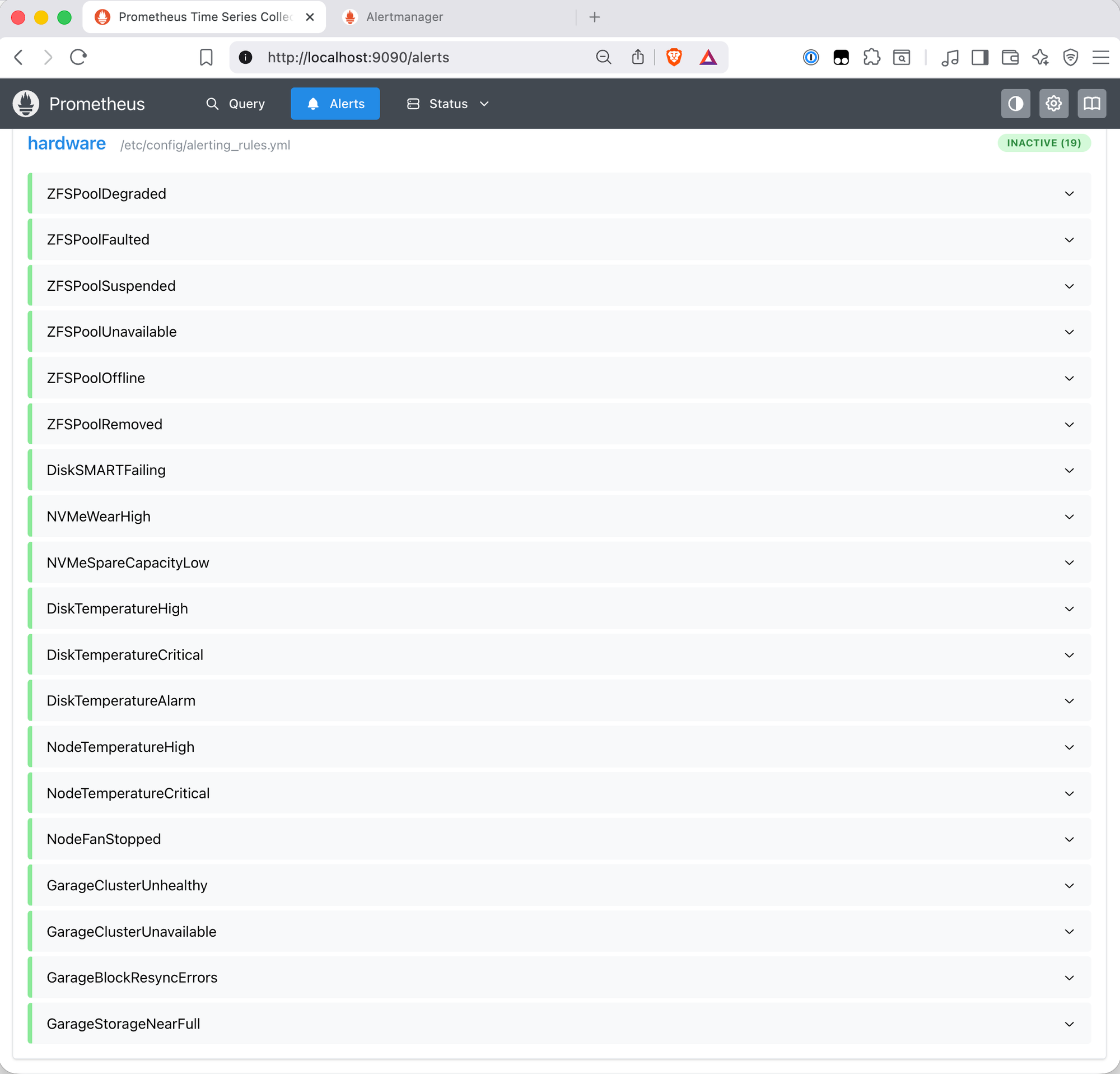 Prometheus alerts page showing hardware group with INACTIVE (19) badge, all 19 rules listed with green inactive indicators