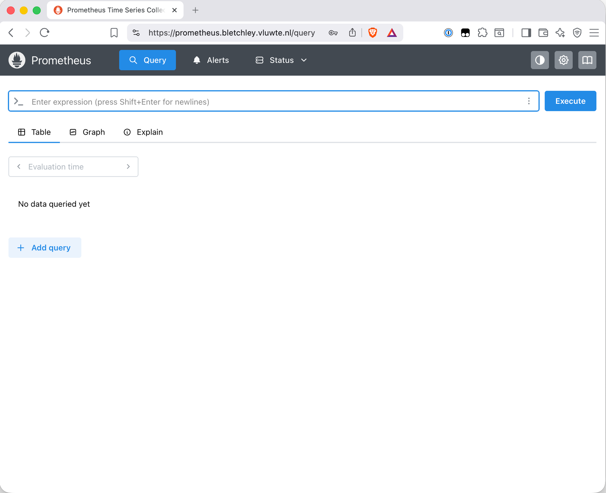 Prometheus query interface at https://prometheus.bletchley.vluwte.nl/query showing the expression input field and No data queried yet message