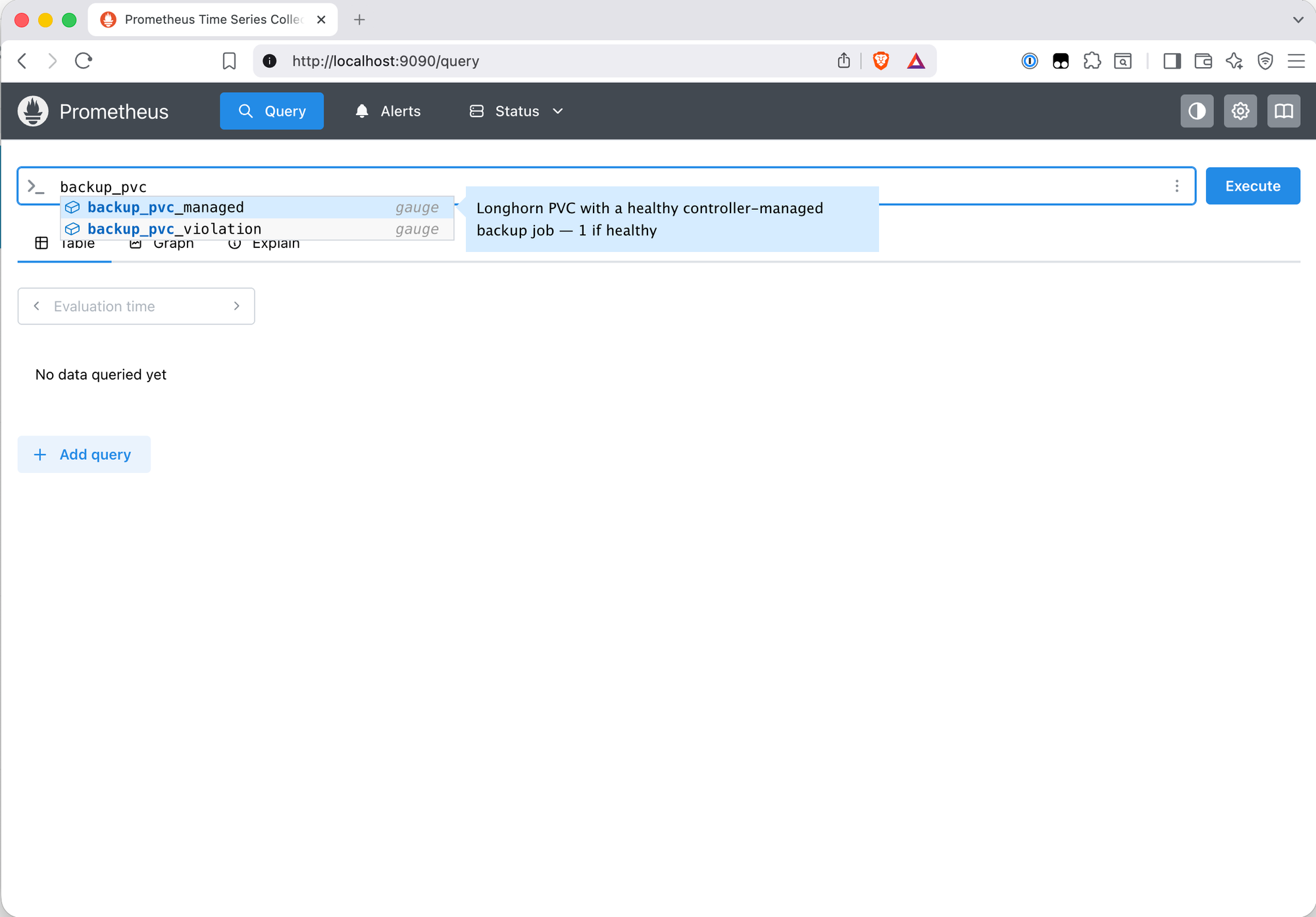 Prometheus query page showing autocomplete suggestions for backup_pvc with backup_pvc_managed and backup_pvc_violation visible as gauge metrics.