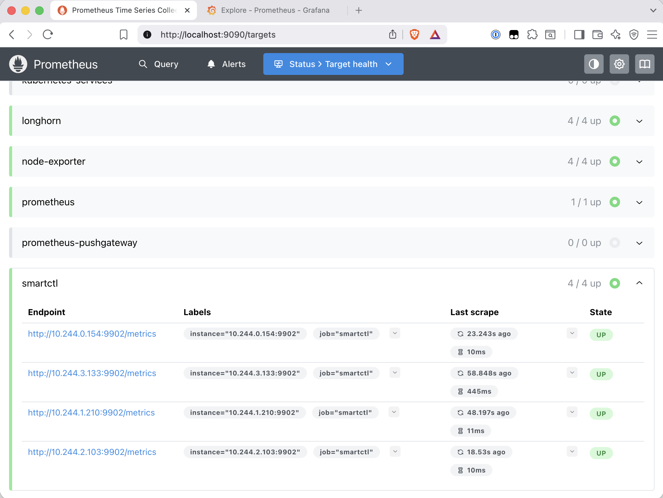 Prometheus Status Target health page showing the smartctl job with 4/4 up, all four endpoints at pod IPs on port 9902, all in UP state with last scrape times under a minute