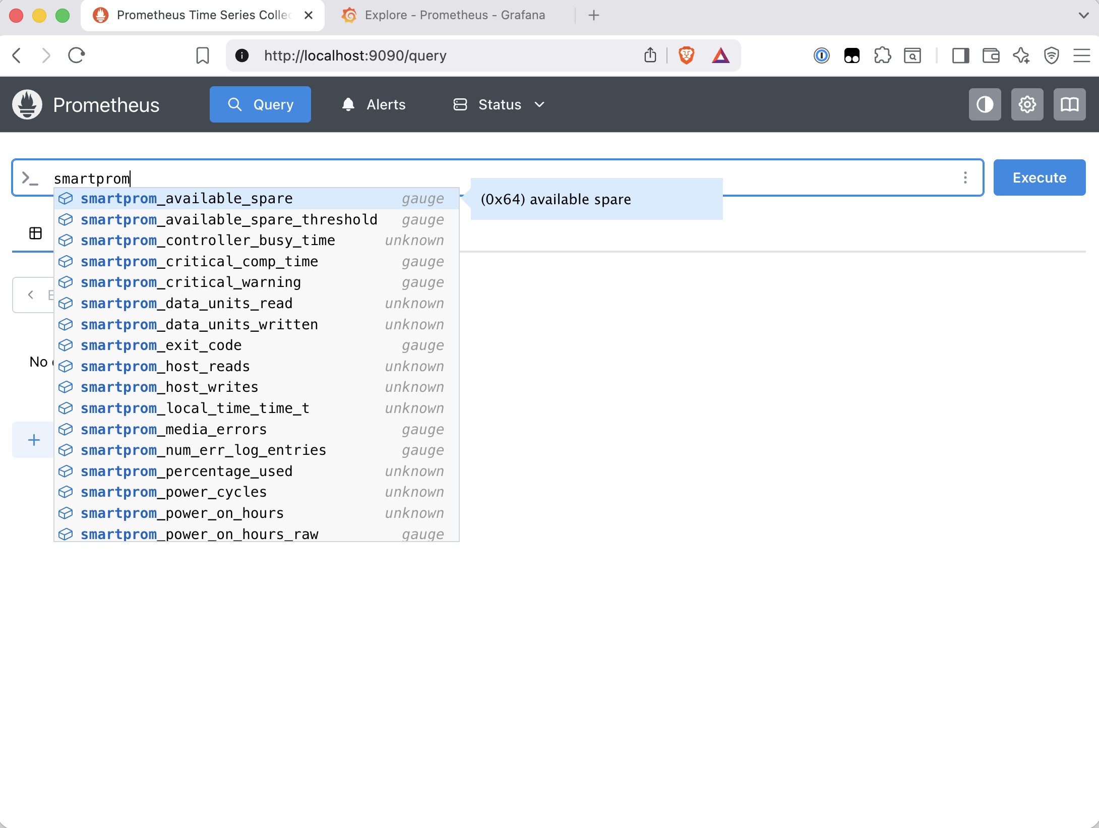 Prometheus query autocomplete showing the full list of smartprom_ metrics available including smartprom_available_spare, smartprom_critical_warning, smartprom_media_errors, smartprom_percentage_used, smartprom_smart_passed, and others