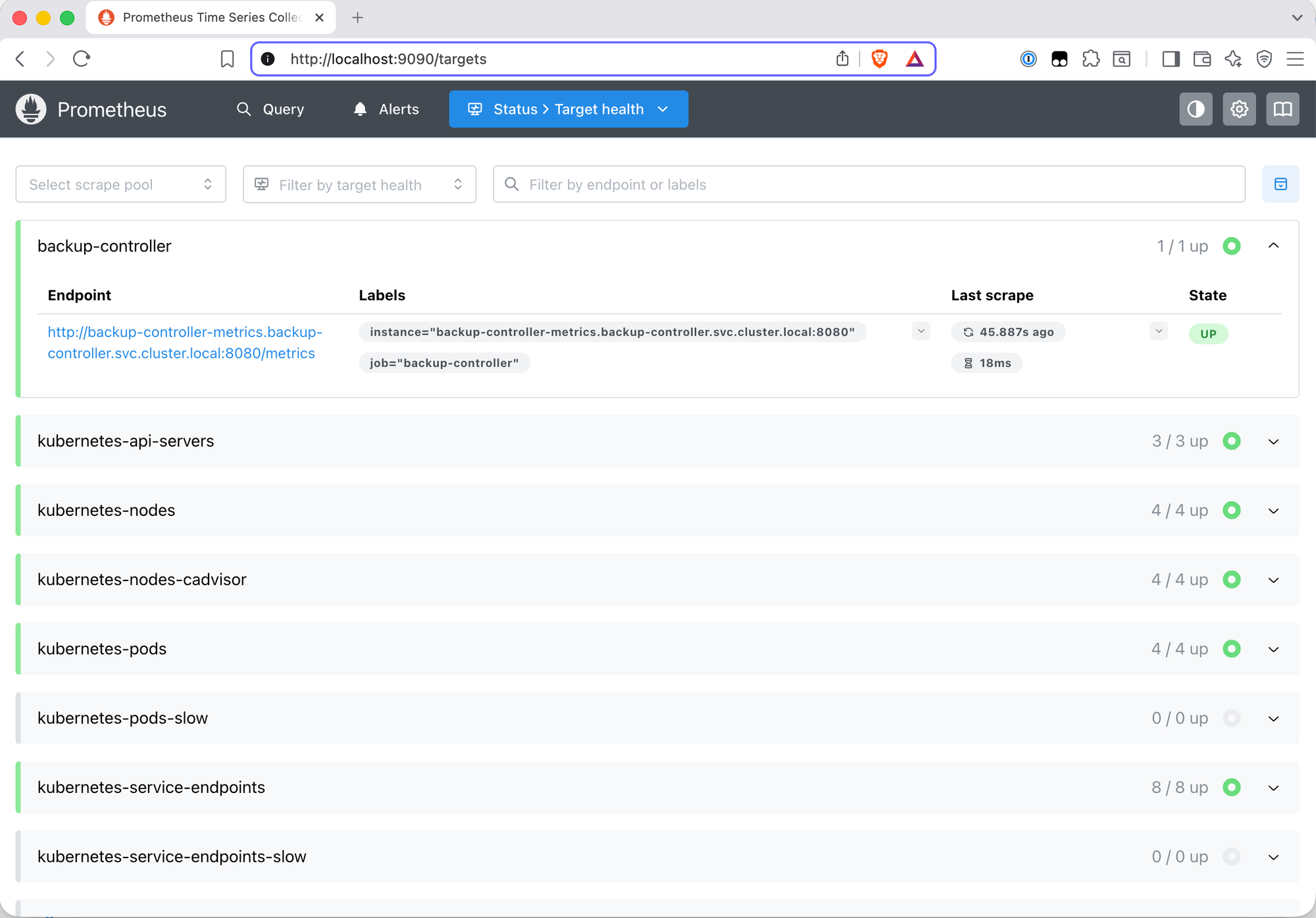 Prometheus Status Targets page showing backup-controller as 1/1 up, scraping every 1 minute at 18ms from backup-controller-metrics.backup-controller.svc.cluster.local:8080