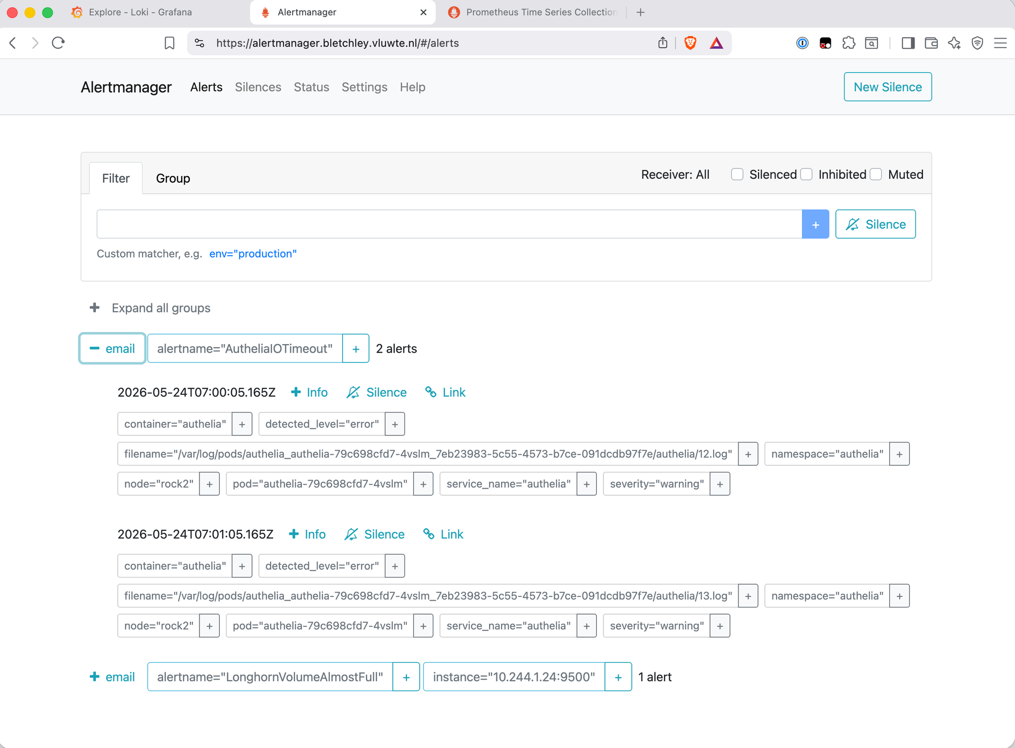 Alertmanager web UI at alertmanager.bletchley.vluwte.nl showing the AutheliaIOTimeout alert in firing state, with severity warning, and two alert instances grouped under the same alertname
