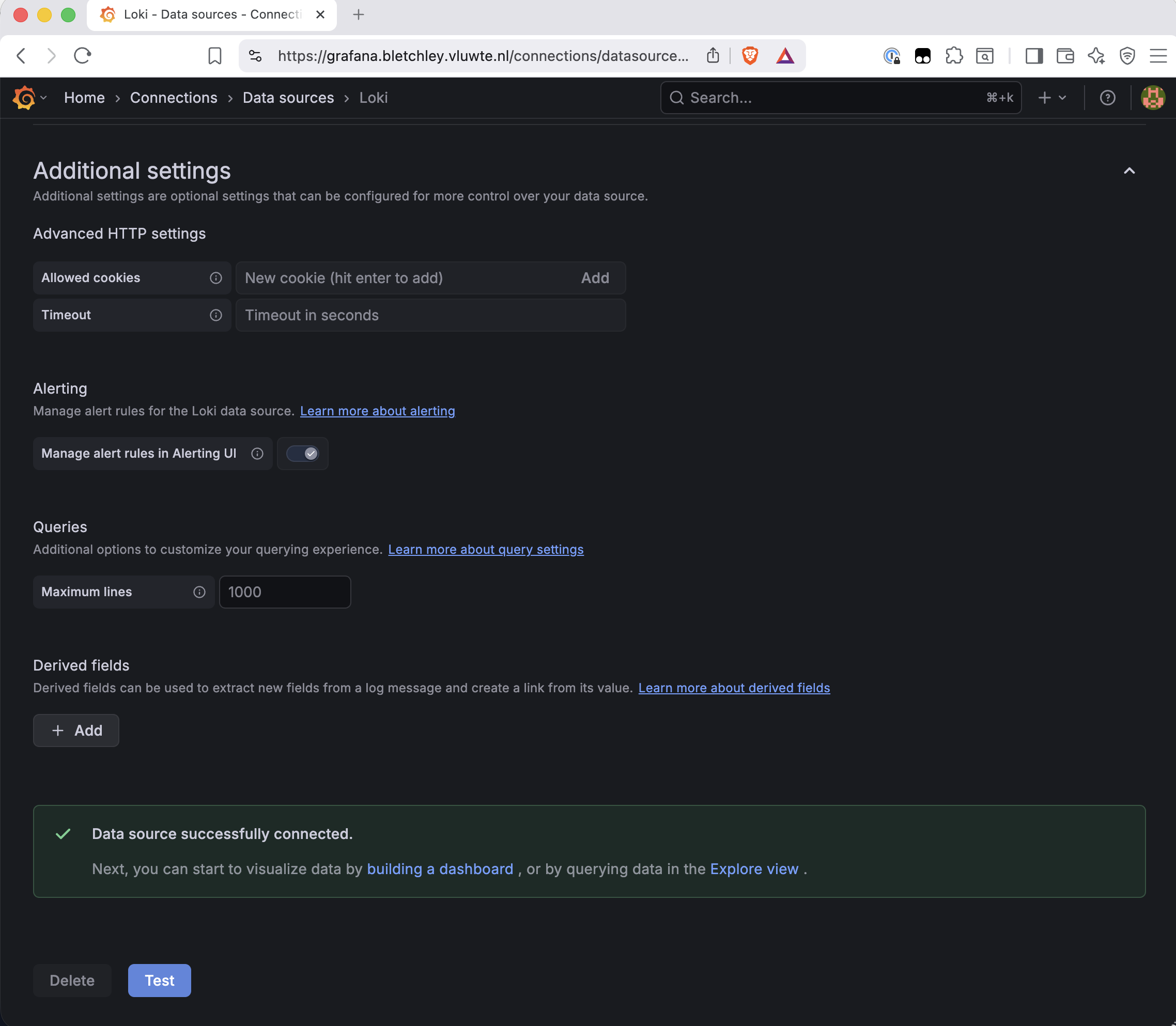 Grafana Loki data source configuration page showing "Data source successfully connected" in a green success banner at the bottom, with additional settings including alerting rule management enabled and maximum lines set to 1000