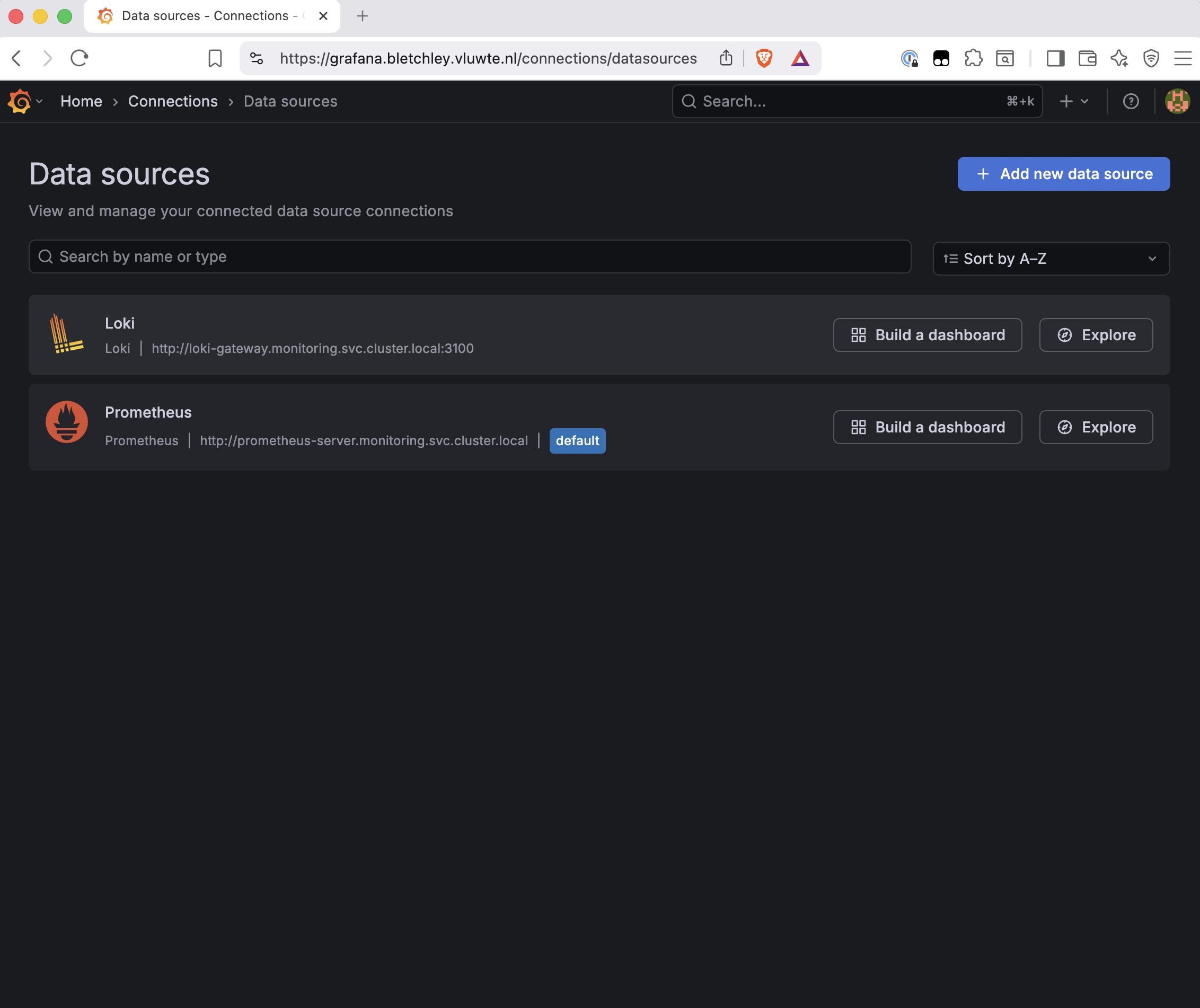 Grafana data sources page showing Loki connected at http://loki-gateway.monitoring.svc.cluster.local alongside Prometheus as the default data source