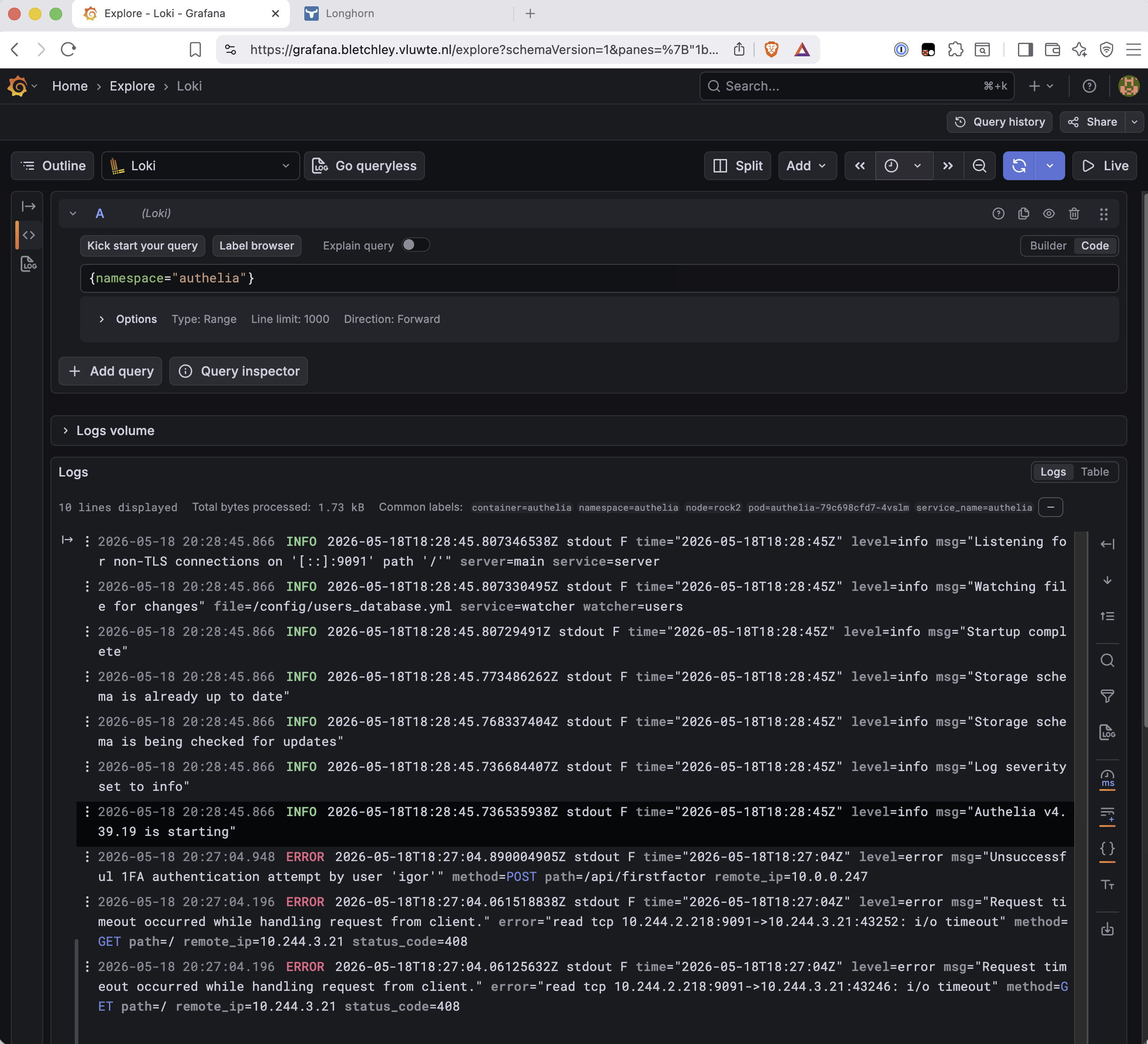 Grafana Loki Explore showing log lines from the authelia namespace filtered to error level. The visible lines include an ERROR entry reading "Unsuccessful 1FA authentication attempt by user 'igor', method=POST path=/api/firstfactor remote_ip=10.0.0.247", followed by two ERROR entries reading "Request timeout occurred while handling request from client, error=read tcp 10.244.2.218:9091->10.244.3.21:43252: i/o timeout, method=GET path=/ remote_ip=10.244.3.21 status_code=408", and a later INFO entry reading "Authelia v4.39.19 is starting".