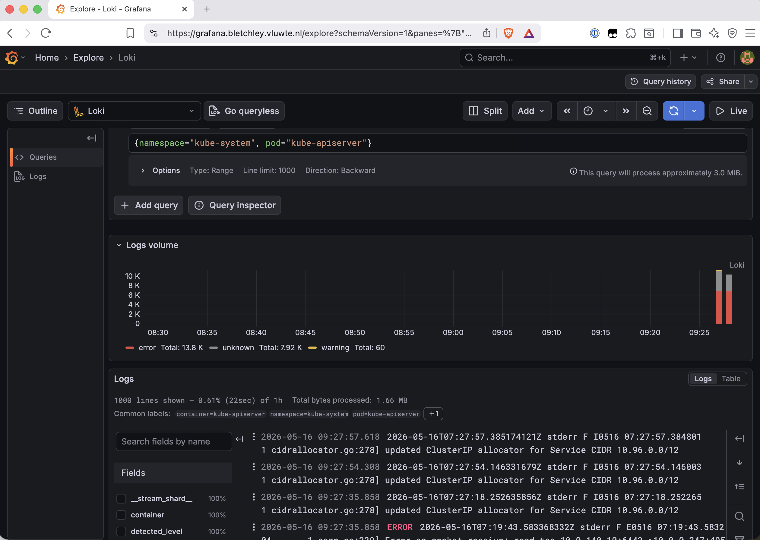 Grafana Loki Explore showing a query for namespace equals kube-system and pod equals kube-apiserver, with a logs volume chart showing a large burst of grey bars concentrated at the right edge of the timeline representing the retroactive ingestion, and a field list on the left showing container, detected_level, namespace, node, and pod labels all at 100%