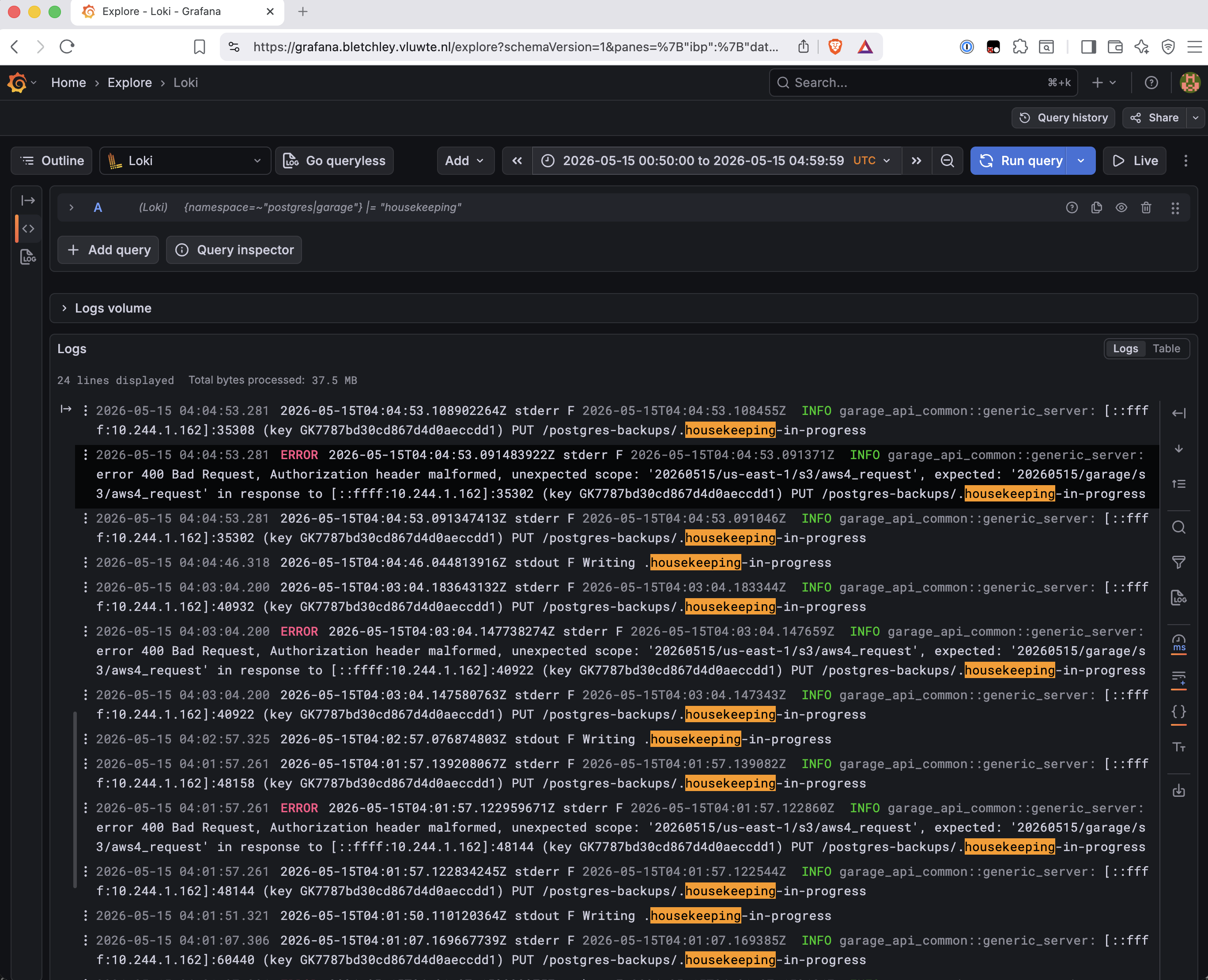 Grafana Loki Explore showing the results of a query for namespace matching postgres or garage filtered by the string housekeeping. The time range is 2026-05-15 04:50:00 to 2026-05-15 06:59:59. Log lines alternate between plain text stdout entries reading "Writing .housekeeping-in-progress" from the postgres namespace and stderr entries from Garage showing ERROR 400 Bad Request responses. The word housekeeping is highlighted in orange throughout. 24 lines shown, 31MB processed.