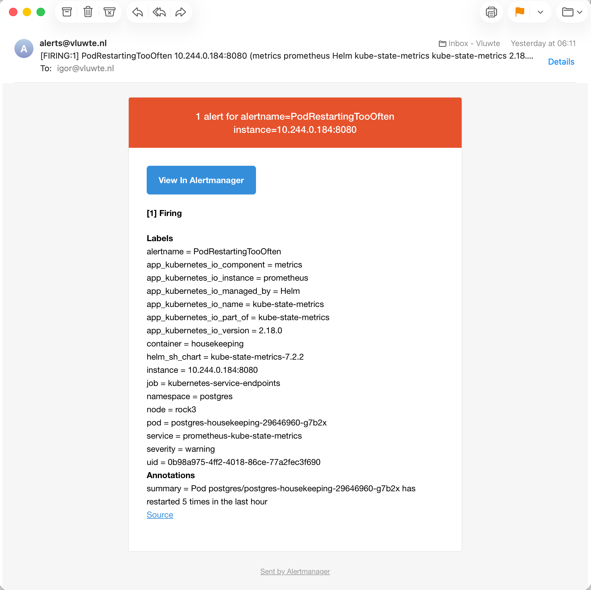 An Alertmanager alert email with a red header reading "1 alert for alertname=PodRestartingTooOften, instance=10.244.0.184:8080". The alert labels include namespace=postgres, pod=postgres-housekeeping-29646960-g7b2x, container=housekeeping, node=rock3, and severity=warning. The annotation reads "Pod postgres/postgres-housekeeping-29646960-g7b2x has restarted 5 times in the last hour".