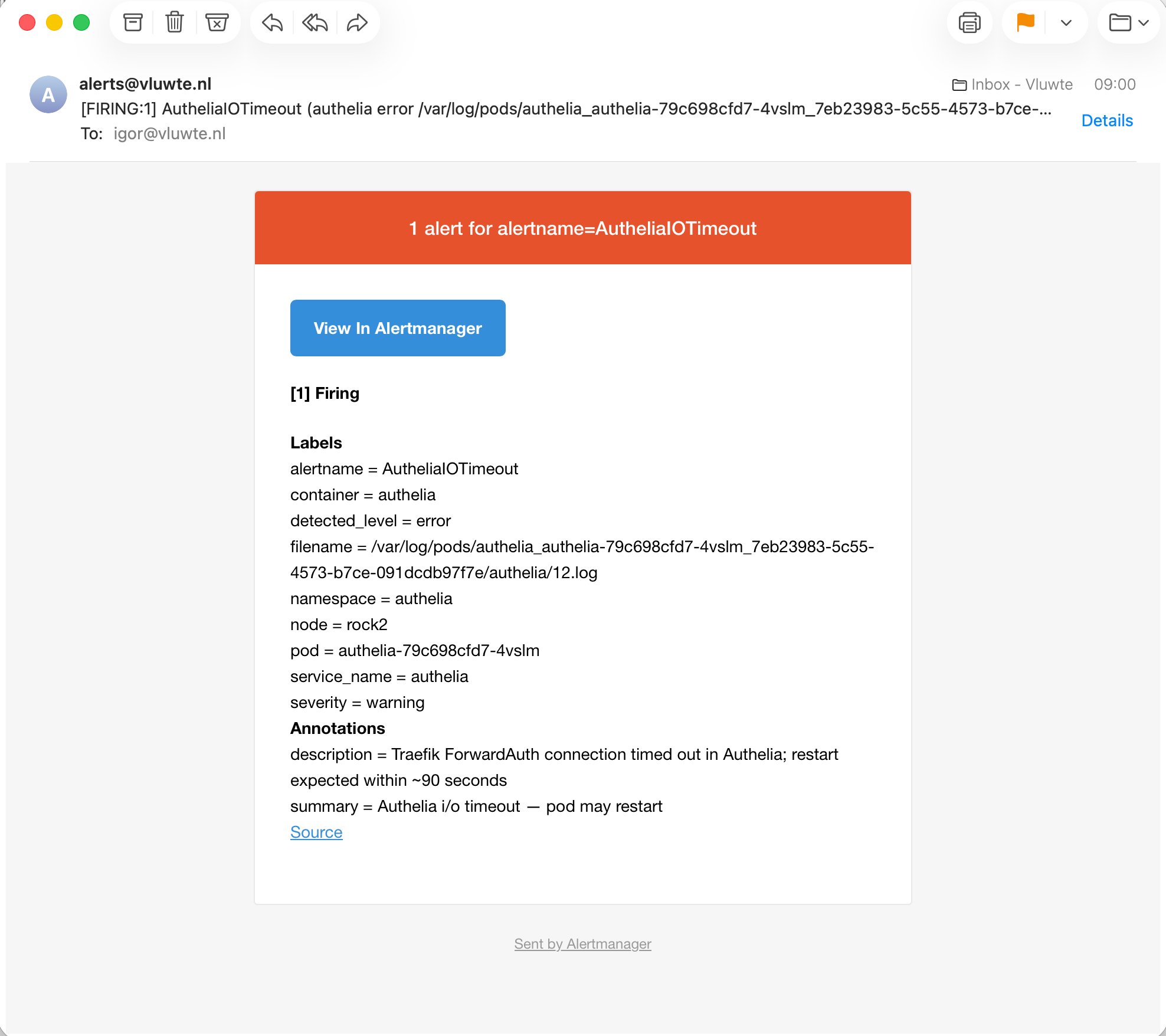 Email notification from alerts@vluwte.nl showing the AutheliaIOTimeout alert firing, with summary "Authelia i/o timeout — pod may restart" and description "Traefik ForwardAuth connection timed out in Authelia; restart expected within ~90 seconds"
