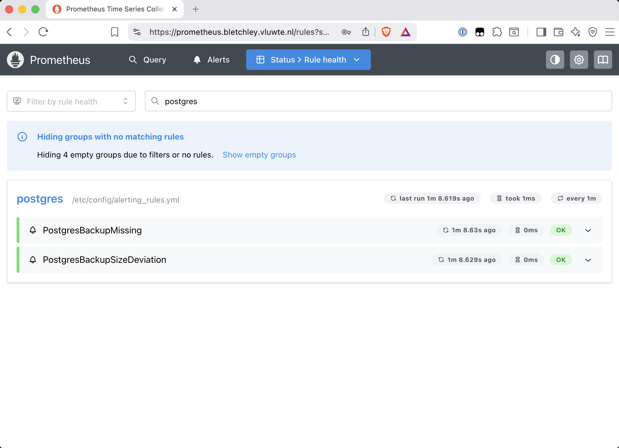 Prometheus query interface showing postgres_backup_last_success_timestamp_seconds and postgres_backup_dump_size_bytes metrics for the umami database