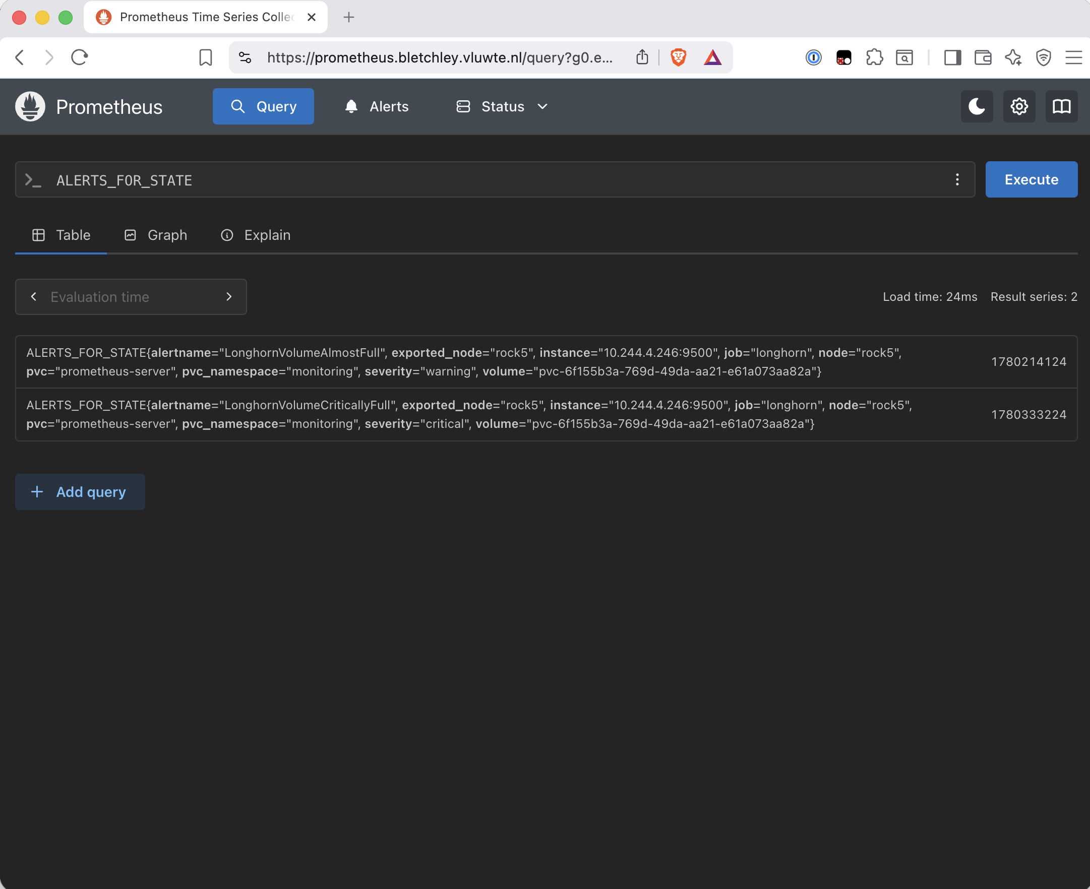 Prometheus expression browser showing the result of querying ALERTS_FOR_STATE, with two rows for LonghornVolumeAlmostFull and LonghornVolumeCriticallyFull on the prometheus-server PVC, with Unix epoch timestamps showing when each alert entered pending state