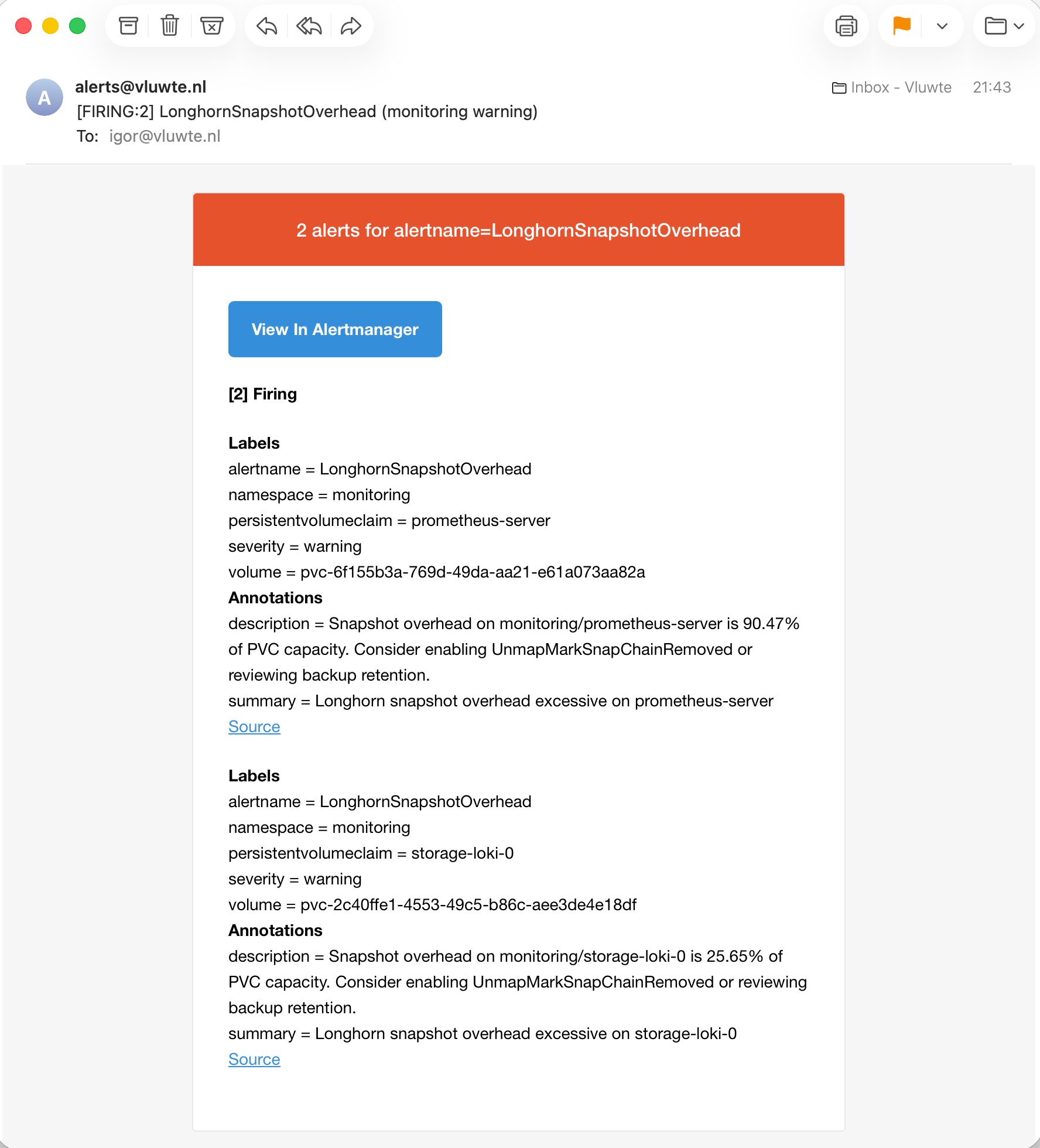 Alert email showing two LonghornSnapshotOverhead alerts firing — prometheus-server at 90.47% and storage-loki-0 at 25.65% — with the description text suggesting enabling UnmapMarkSnapChainRemoved or reviewing backup retention