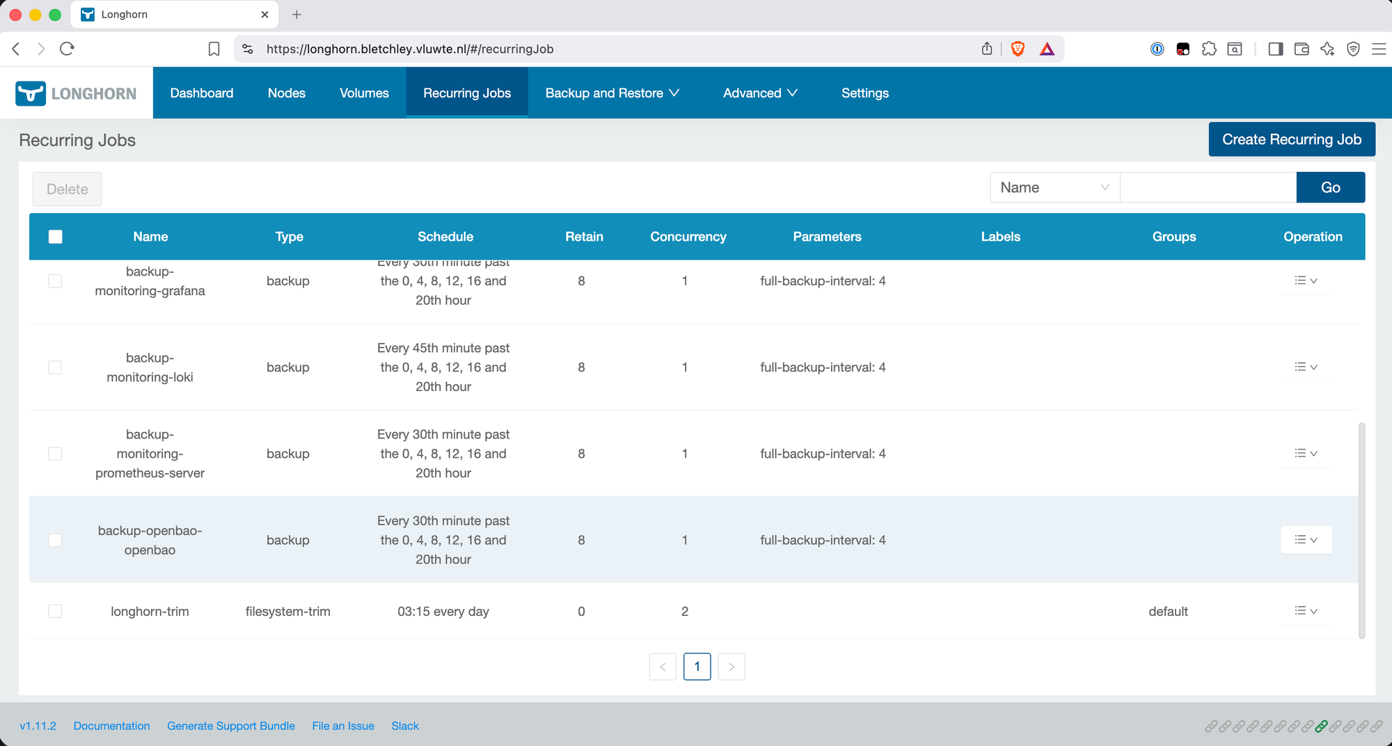 Longhorn Recurring Jobs page showing backup jobs with type backup and longhorn-trim with type filesystem-trim, schedule 03:15 every day, retain 0, concurrency 2, and group default