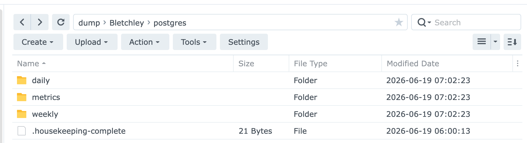 Synology DSM File Station showing the dump/Bletchley/postgres directory containing daily, metrics, and weekly folders alongside the .housekeeping-complete touch file, all dated 2026-06-19.
