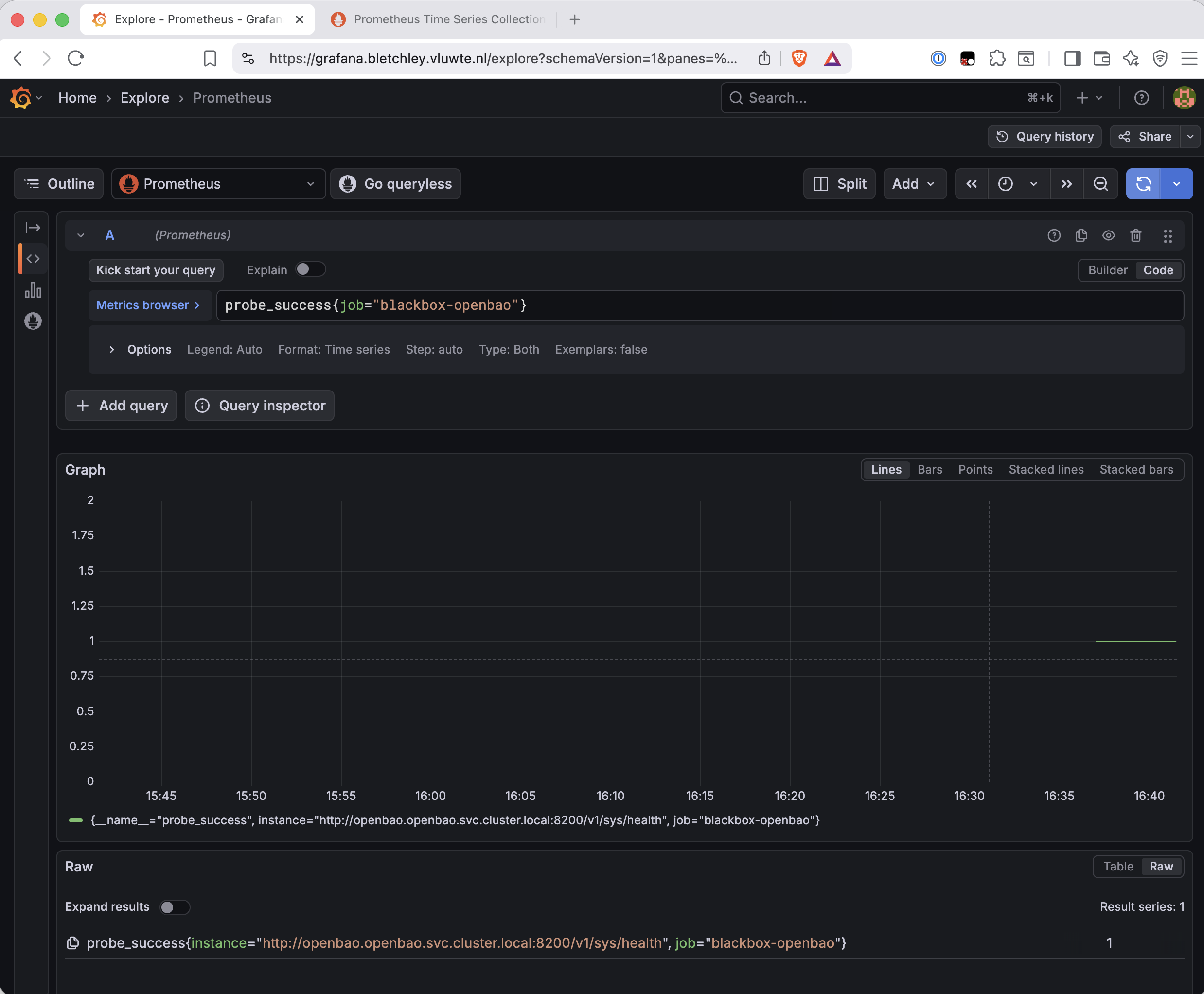 Grafana Prometheus Explore showing the query probe_success{job="blackbox-openbao"} returning a value of 1 for the instance http://openbao.openbao.svc.cluster.local:8200/v1/sys/health.