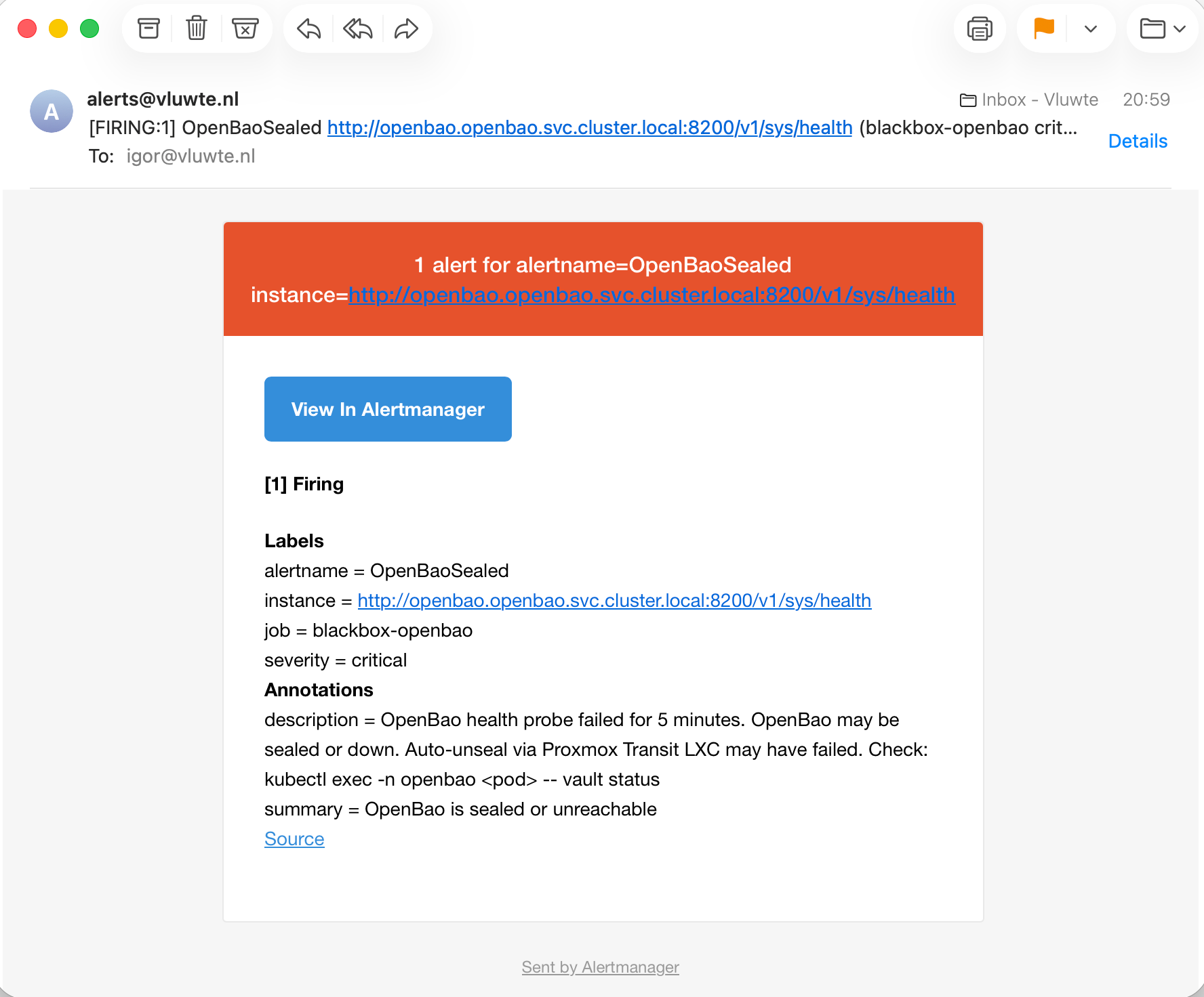 Email from alerts@vluwte.nl with subject [FIRING:1] OpenBaoSealed, showing the alertname, instance URL, job blackbox-openbao, severity critical, and the full description text about the health probe failing for 5 minutes and checking vault status.