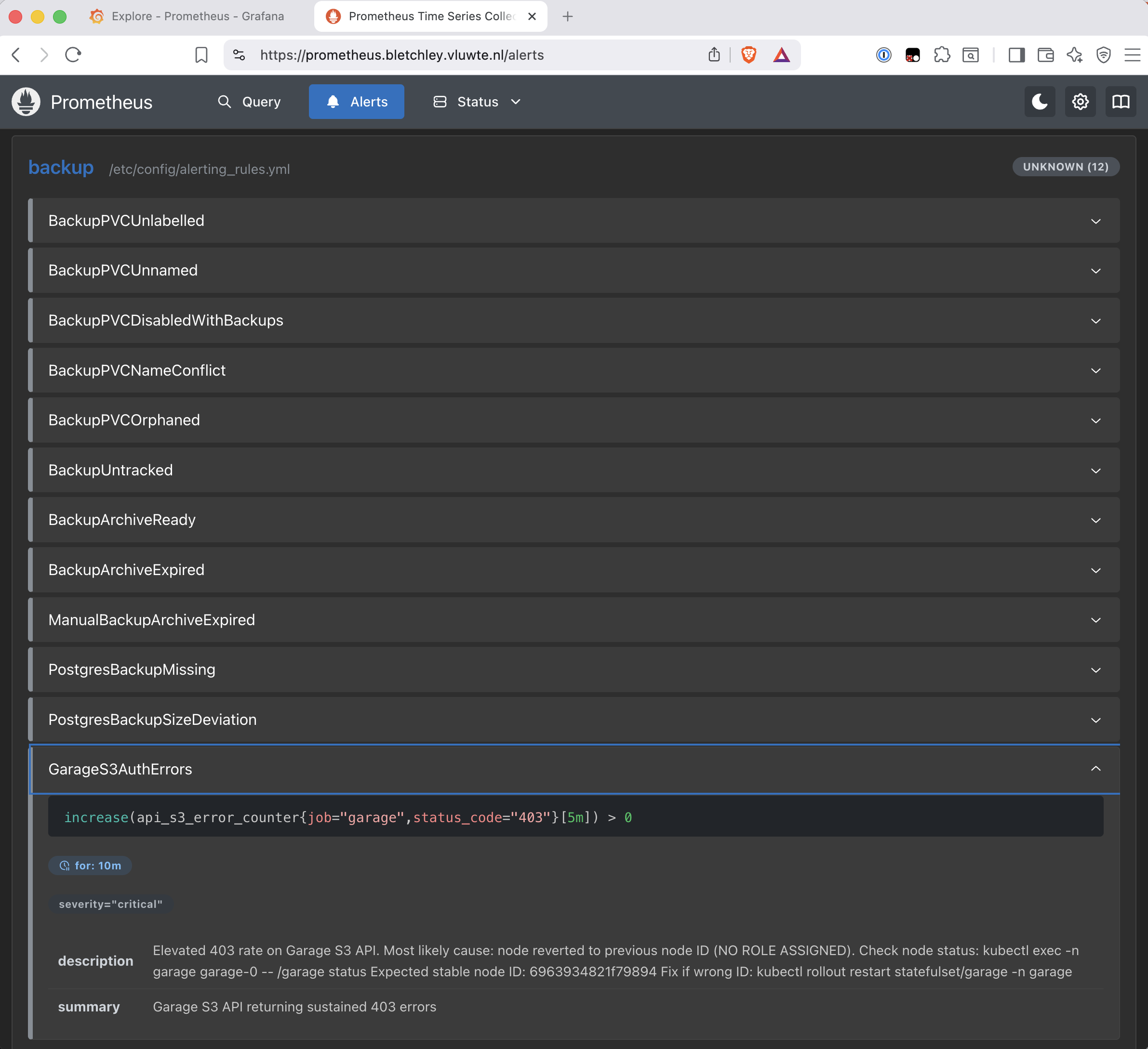 Prometheus Alerts page showing the backup rule group with GarageS3AuthErrors expanded, displaying the expression increase(api_s3_error_counter{job="garage",status_code="403"}[5m]) > 0, for 10m, severity critical, and the full description text with the kubectl exec and rollout restart commands.