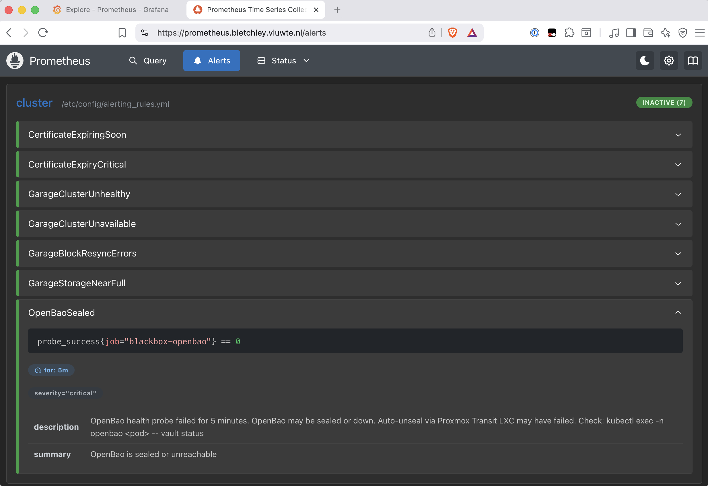 Prometheus Alerts page showing the cluster rule group with seven inactive rules, including OpenBaoSealed expanded with its expression probe_success{job="blackbox-openbao"} == 0, for 5m, severity critical, and full description.