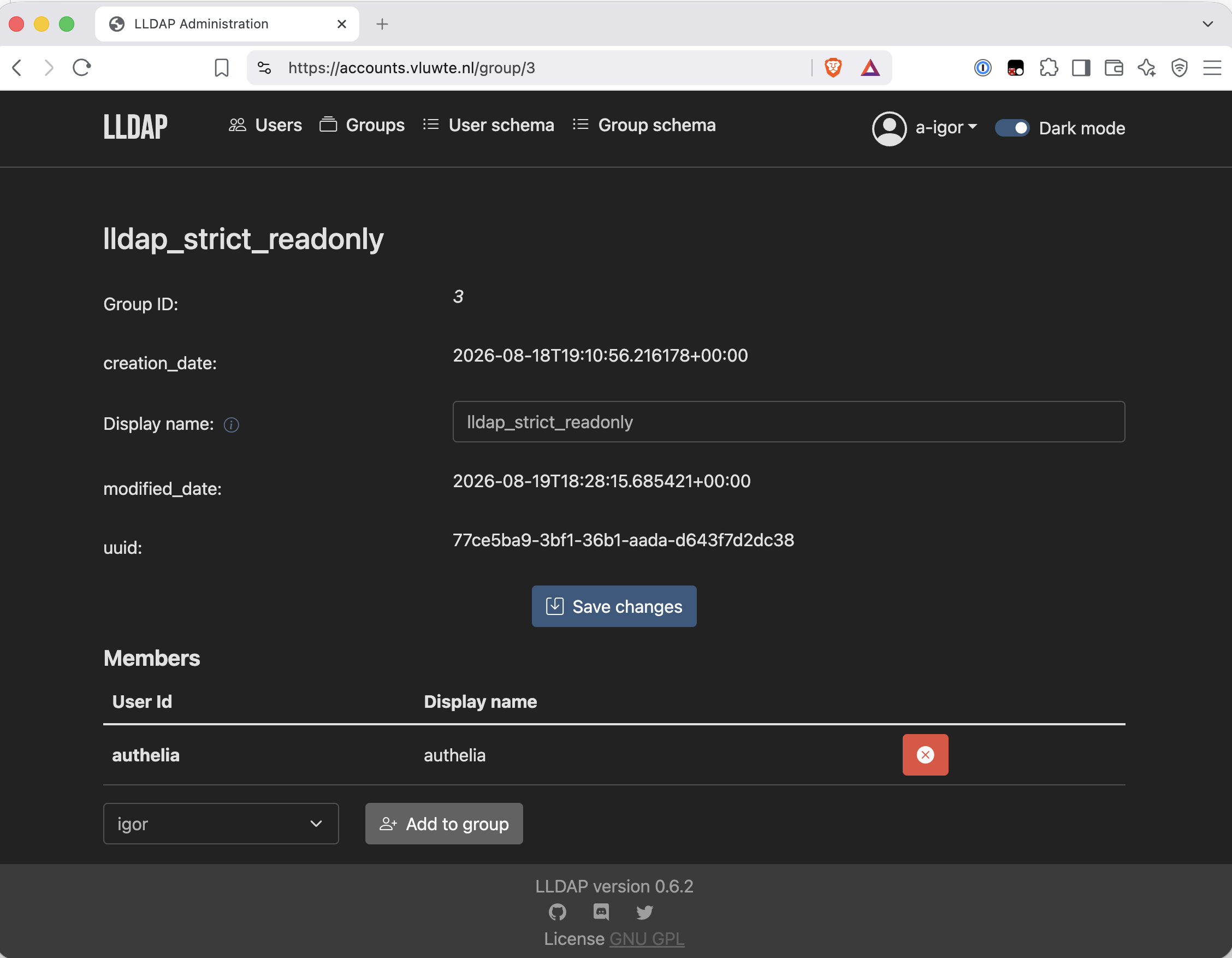 LLDAP group detail page for lldap_strict_readonly, showing group ID 3 and a single member, the user authelia
