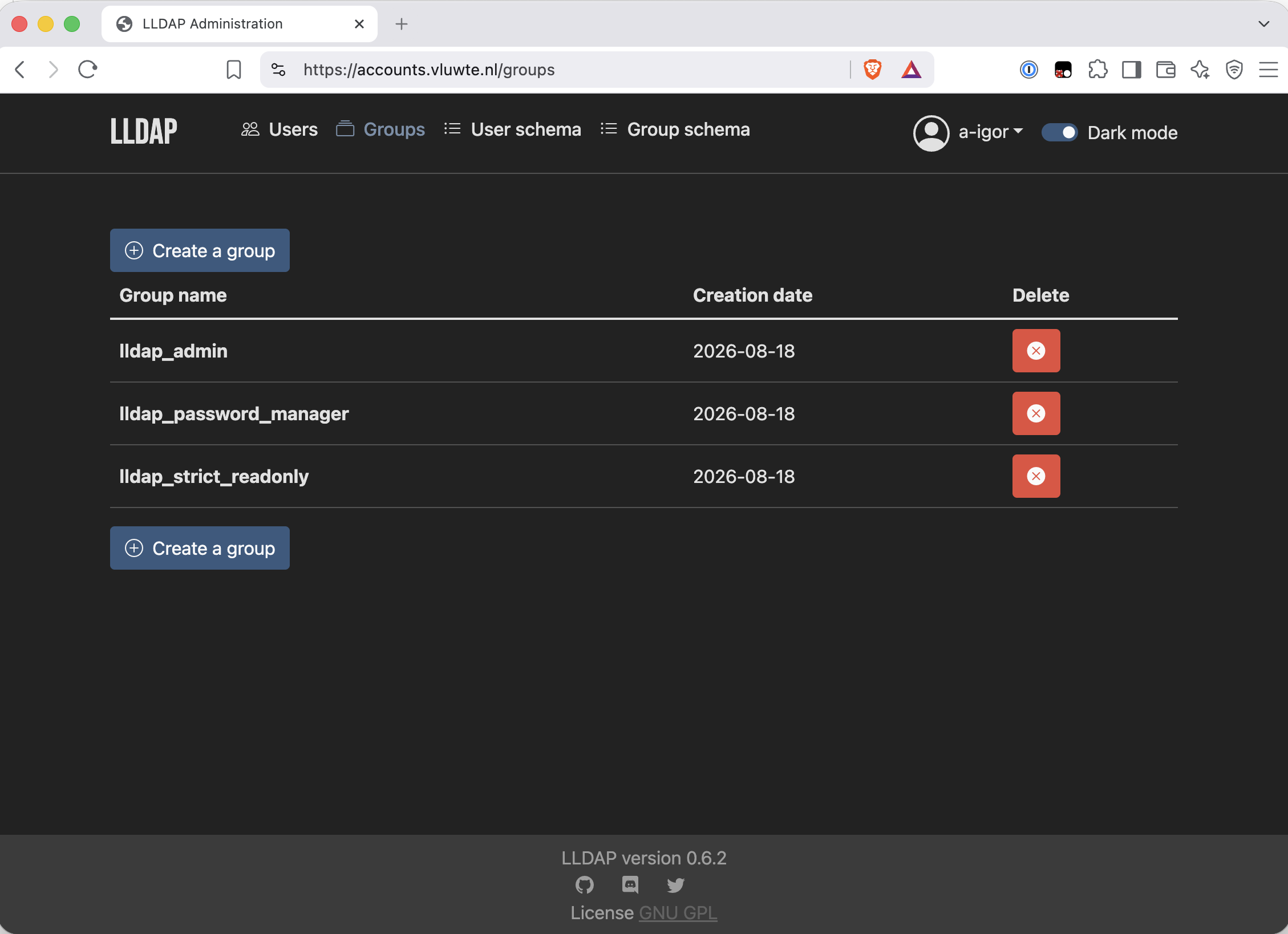 LLDAP group list showing three groups: lldap_admin, lldap_password_manager and lldap_strict_readonly