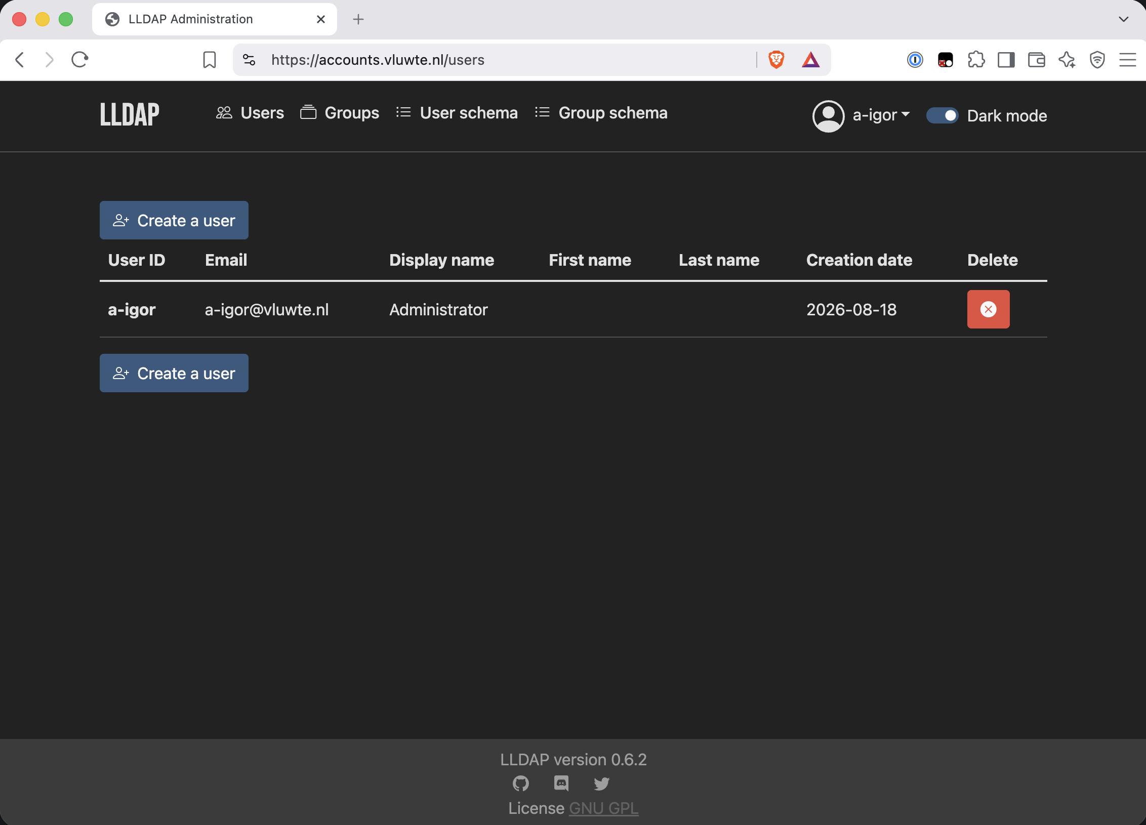 LLDAP user list showing a single user, a-igor, with the display name Administrator and a creation date of 2026-08-18