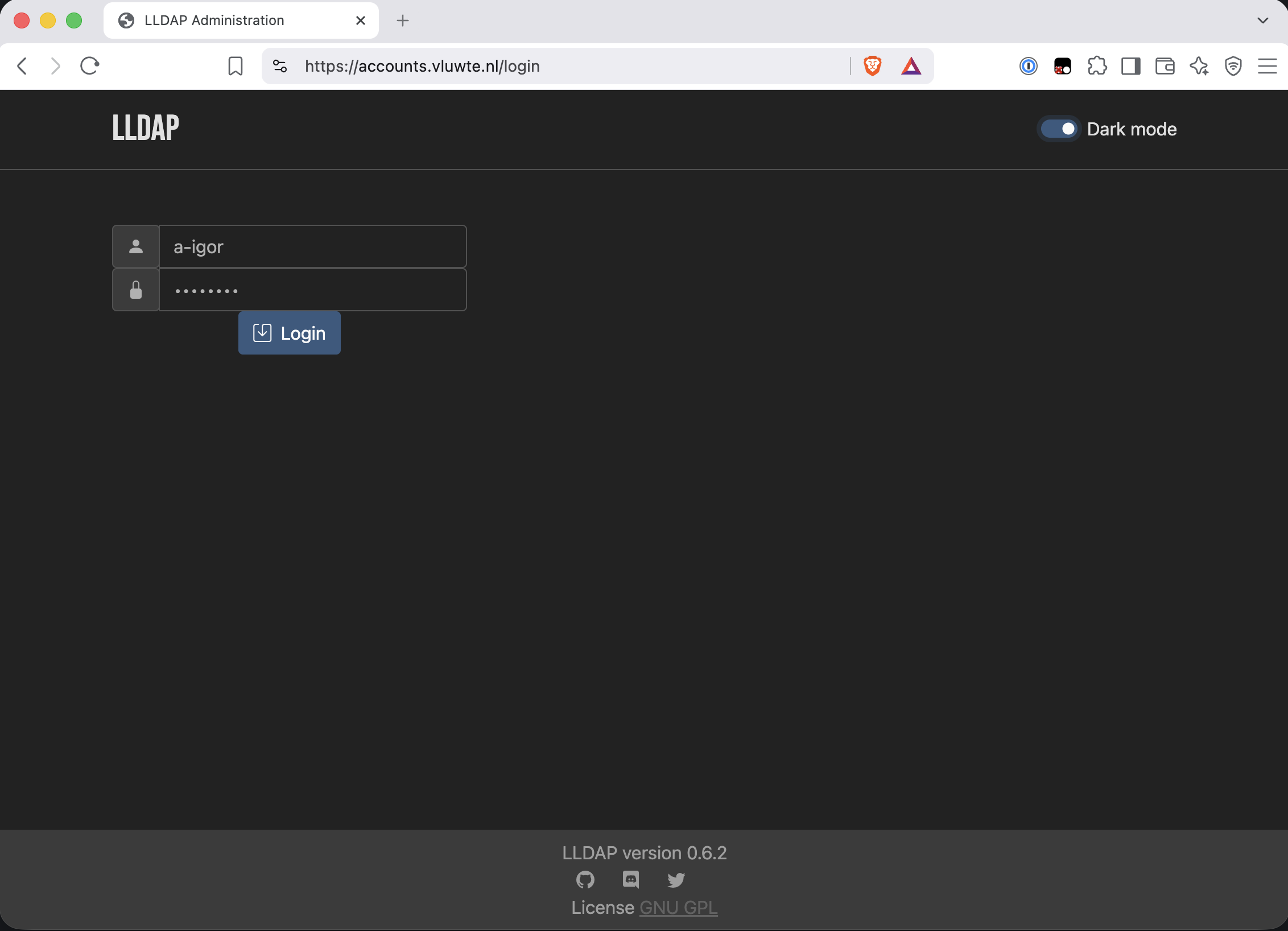 LLDAP login page in dark mode at accounts.vluwte.nl, with the username field filled in and a Login button