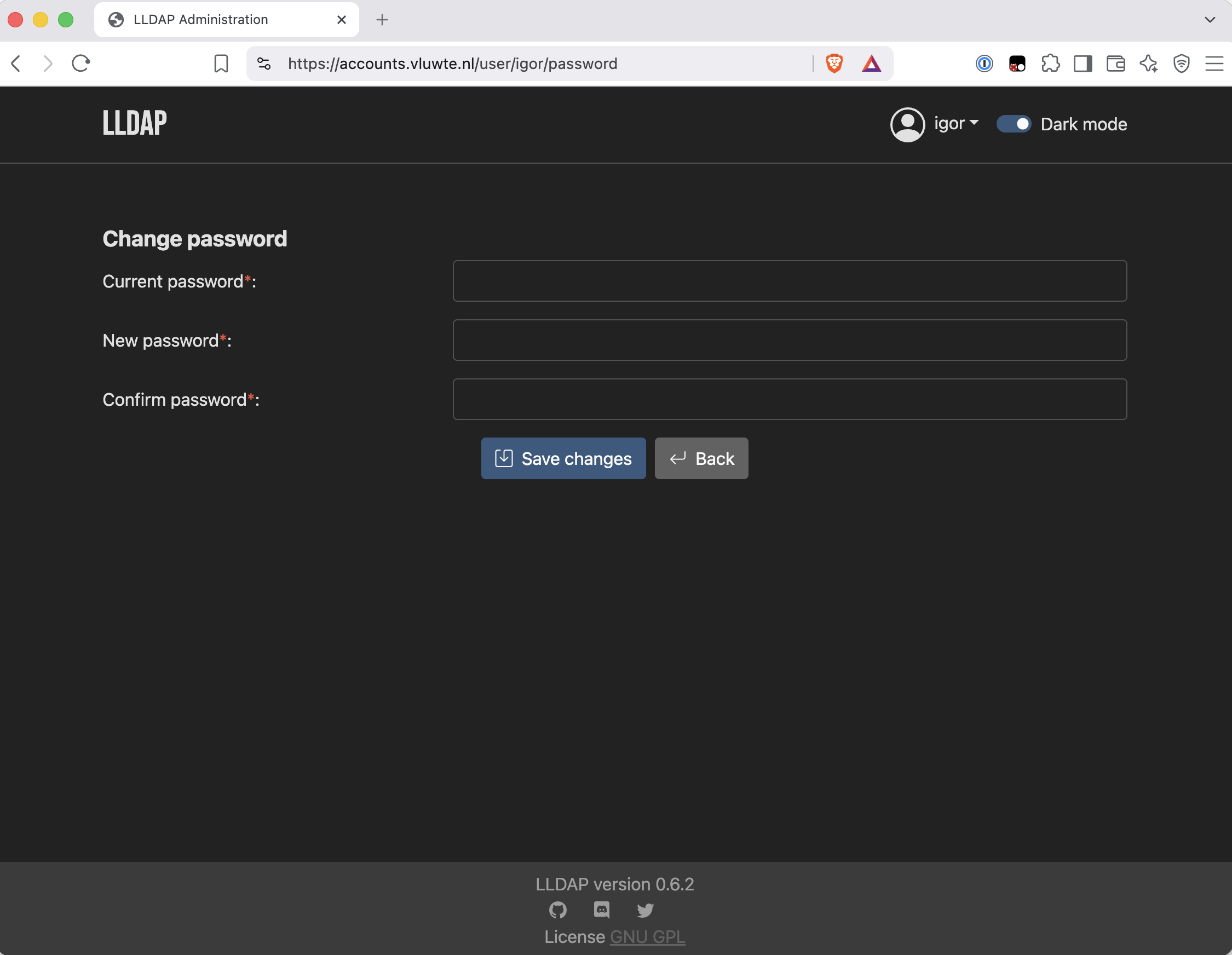 LLDAP change-password form logged in as the user igor, with Current password, New password and Confirm password fields