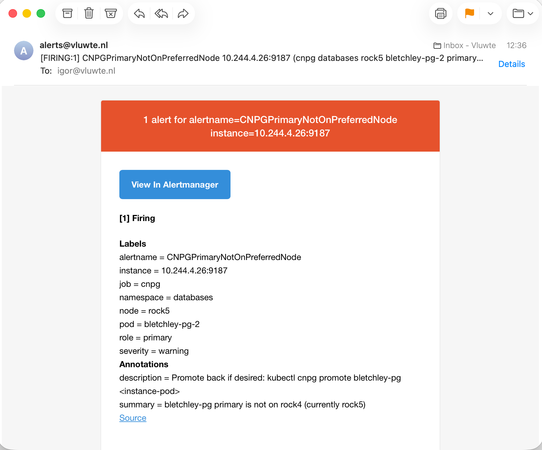 Alertmanager email alerting that CNPGPrimaryNotOnPreferredNode is firing for bletchley-pg-2 on rock5.