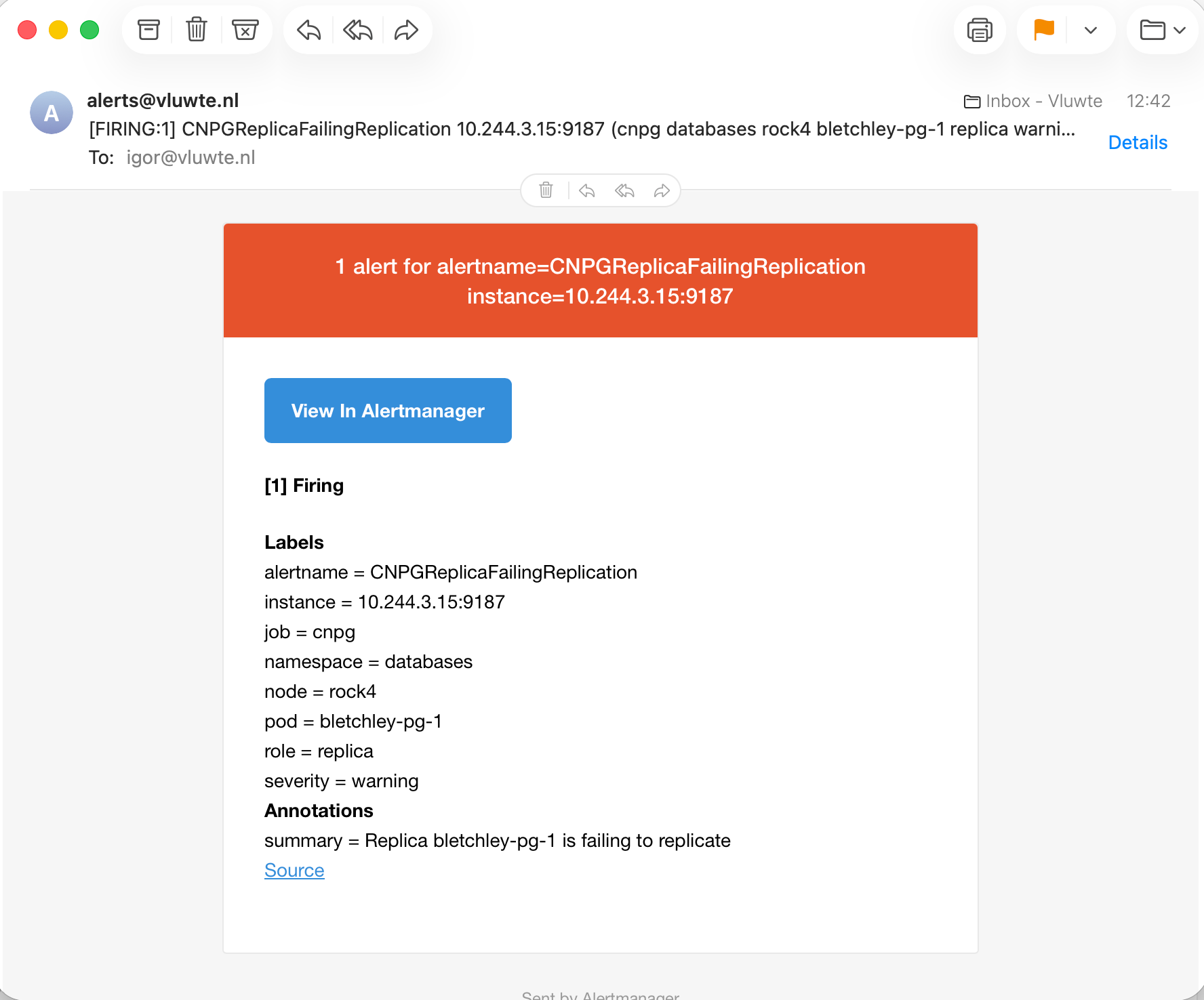 Alertmanager email alerting that CNPGReplicaFailingReplication is firing for bletchley-pg-1 on rock4.