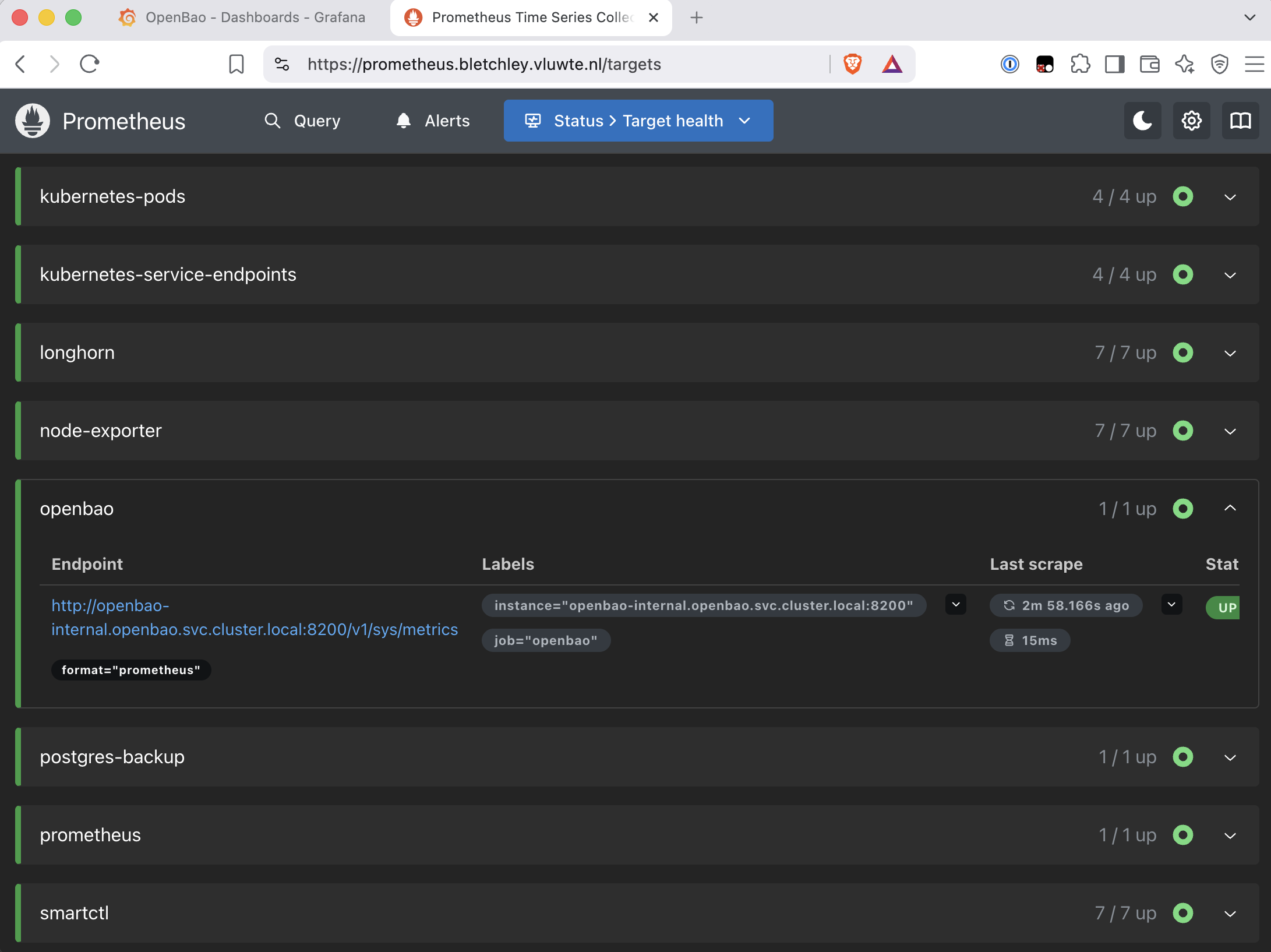 Prometheus target health page with the openbao scrape pool expanded, showing the endpoint http://openbao-internal.openbao.svc.cluster.local:8200/v1/sys/metrics carrying the scrape parameter format="prometheus", labels instance="openbao-internal.openbao.svc.cluster.local:8200" and job="openbao", a last scrape duration of 15ms, and state UP alongside seven other pools all up.