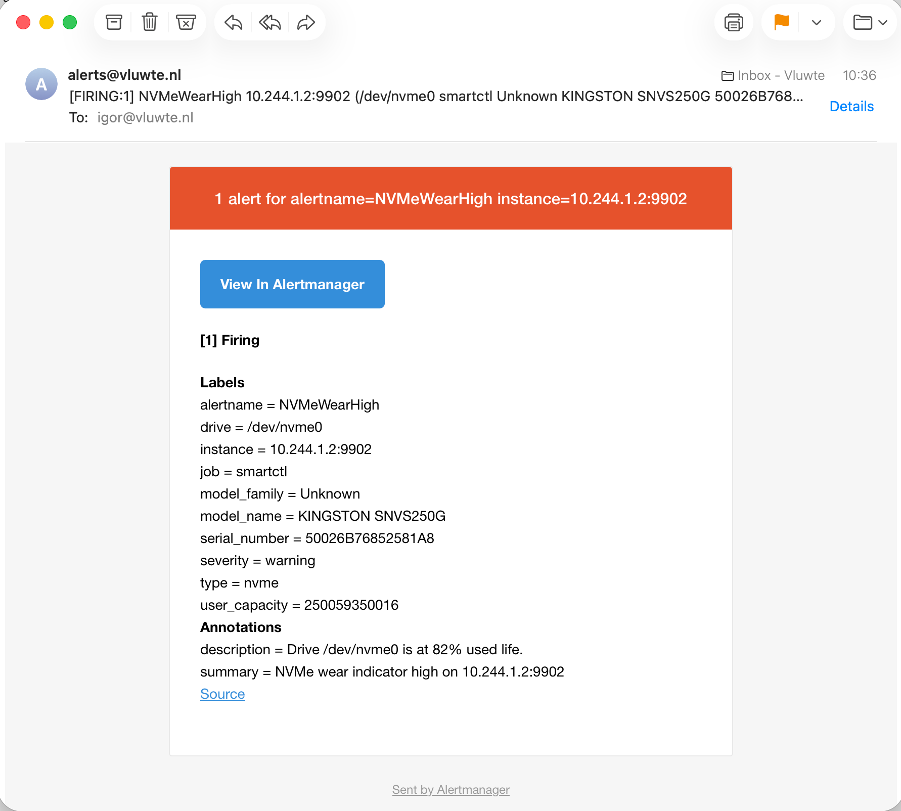 Alertmanager email from alerts@vluwte.nl with subject "[FIRING:1] NVMeWearHigh 10.244.1.2:9902 (/dev/nvme0 smartctl Unknown KINGSTON SNVS250G 50026B768…". The body lists labels alertname NVMeWearHigh, drive /dev/nvme0, instance 10.244.1.2:9902, job smartctl, model_family Unknown, model_name KINGSTON SNVS250G, serial_number 50026B76852581A8, severity warning, type nvme and user_capacity 250059350016, with the description "Drive /dev/nvme0 is at 82% used life." and the summary "NVMe wear indicator high on 10.244.1.2:9902".