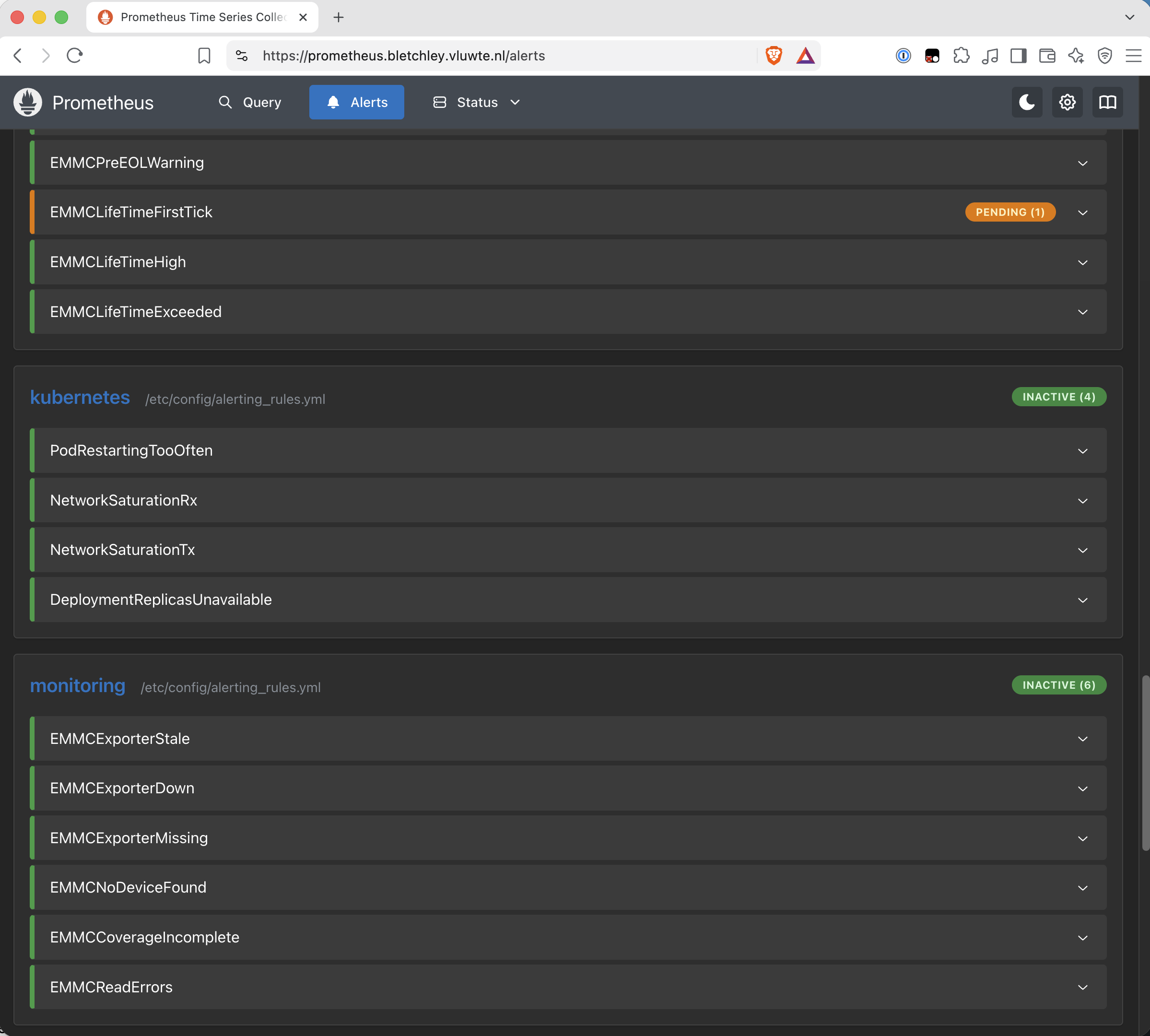 Prometheus alerts page. At the top, the end of the hardware group: EMMCPreEOLWarning, EMMCLifeTimeHigh and EMMCLifeTimeExceeded with green markers and no badge, and EMMCLifeTimeFirstTick with an orange marker and an orange PENDING (1) badge. Below it the kubernetes group, INACTIVE (4), with PodRestartingTooOften, NetworkSaturationRx, NetworkSaturationTx and DeploymentReplicasUnavailable. At the bottom the monitoring group, INACTIVE (6), with EMMCExporterStale, EMMCExporterDown, EMMCExporterMissing, EMMCNoDeviceFound, EMMCCoverageIncomplete and EMMCReadErrors, all green.