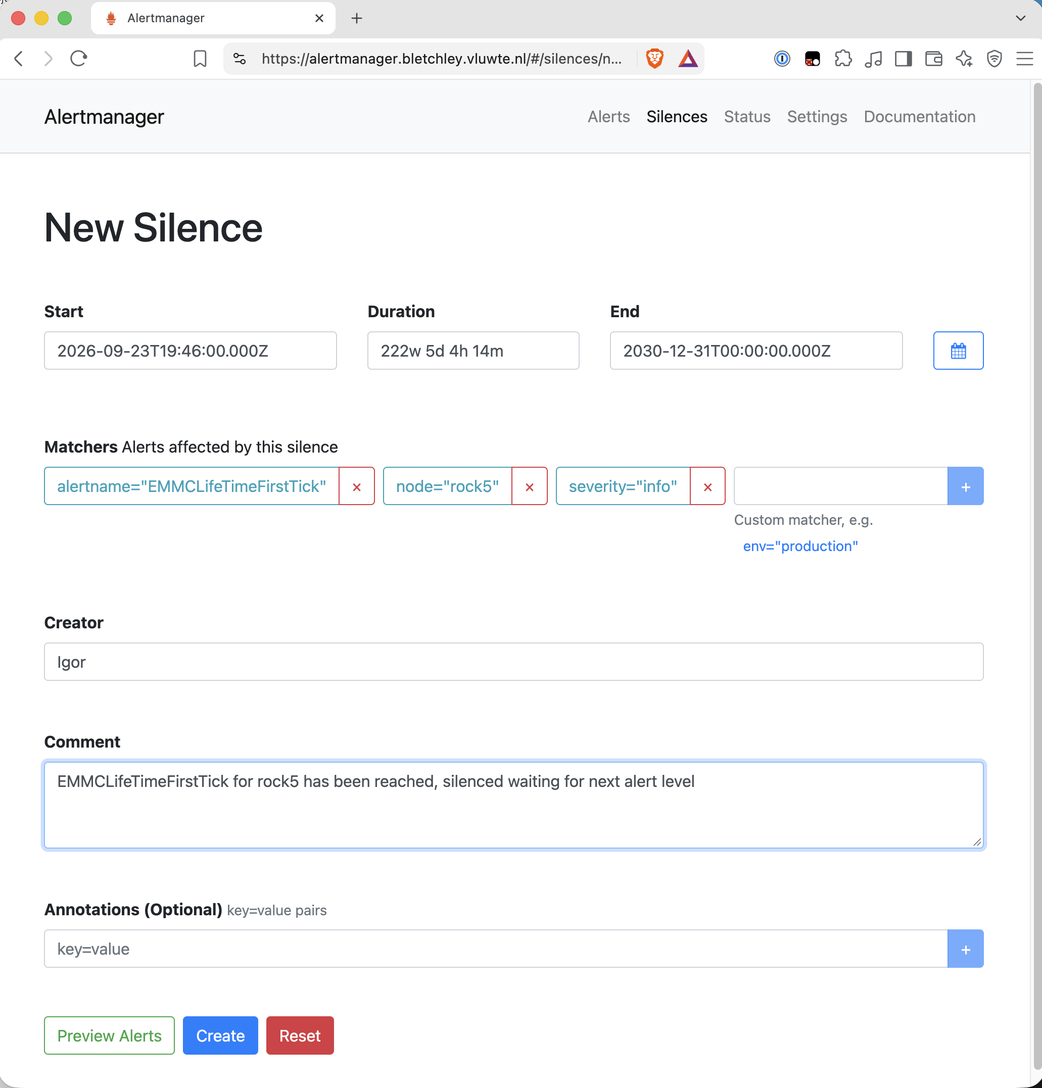 Alertmanager New Silence form. Start 2026-09-23T19:46:00.000Z, duration 222w 5d 4h 14m, end 2030-12-31T00:00:00.000Z. Three matchers: alertname equals EMMCLifeTimeFirstTick, node equals rock5, severity equals info. Creator Igor. Comment: EMMCLifeTimeFirstTick for rock5 has been reached, silenced waiting for next alert level.
