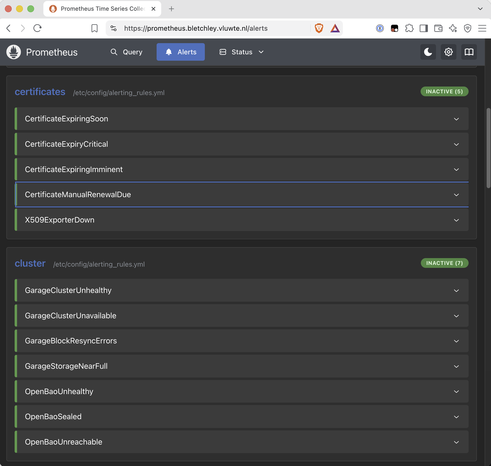 Prometheus alerts page showing the certificates rule group with five rules, CertificateExpiringSoon, CertificateExpiryCritical, CertificateExpiringImminent, CertificateManualRenewalDue and X509ExporterDown, all in the INACTIVE state.