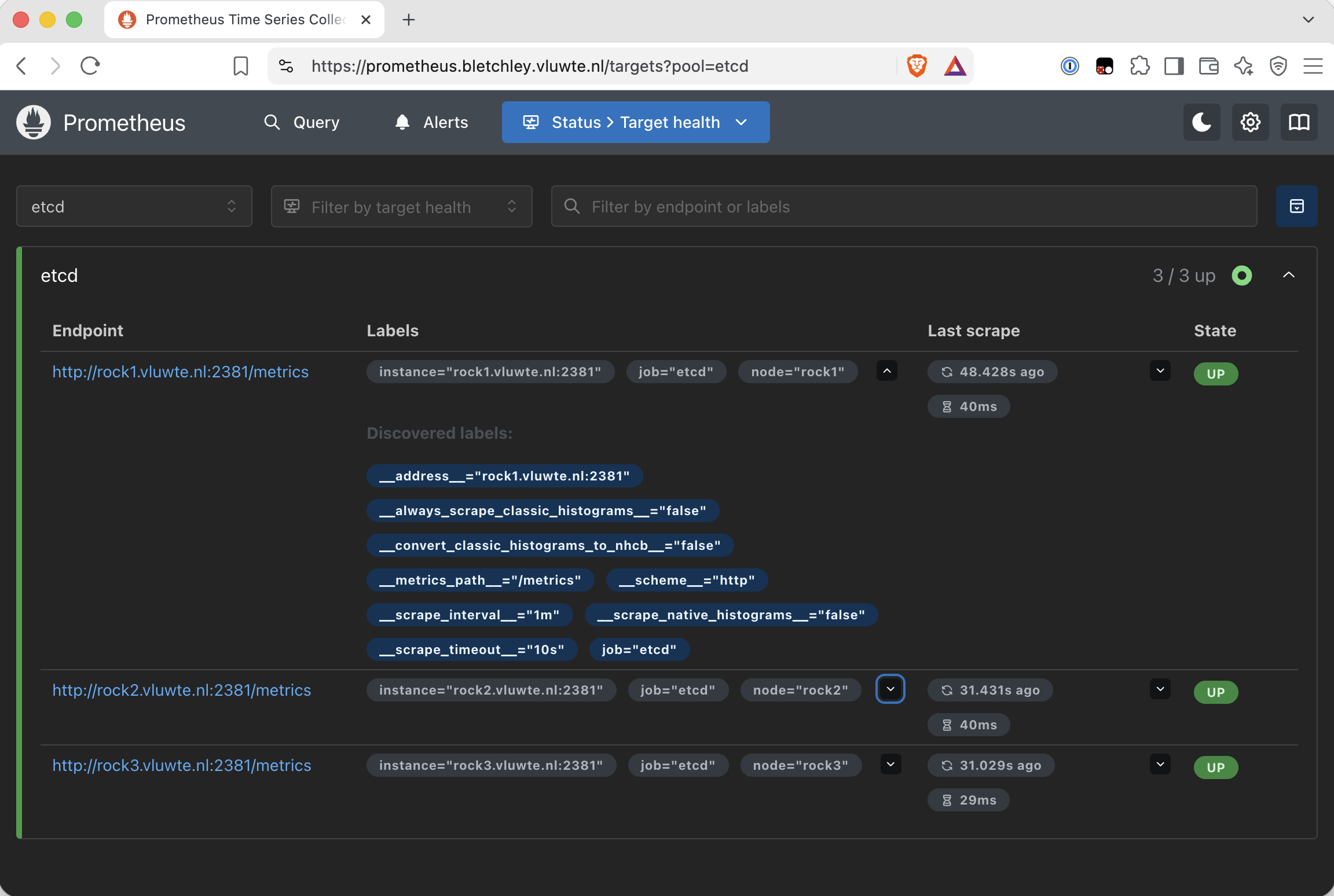 Prometheus Target health page filtered to the etcd pool, reading 3 / 3 up. Three endpoints, http://rock1.vluwte.nl:2381/metrics, http://rock2.vluwte.nl:2381/metrics and http://rock3.vluwte.nl:2381/metrics, each with the labels instance, job="etcd" and node="rock1", "rock2" or "rock3", a last scrape between 31 and 49 seconds ago taking 29 to 40 ms, and state UP. rock1's row is expanded to show its discovered labels, including address="rock1.vluwte.nl:2381", scheme="http", metrics_path="/metrics" and scrape_interval="1m".